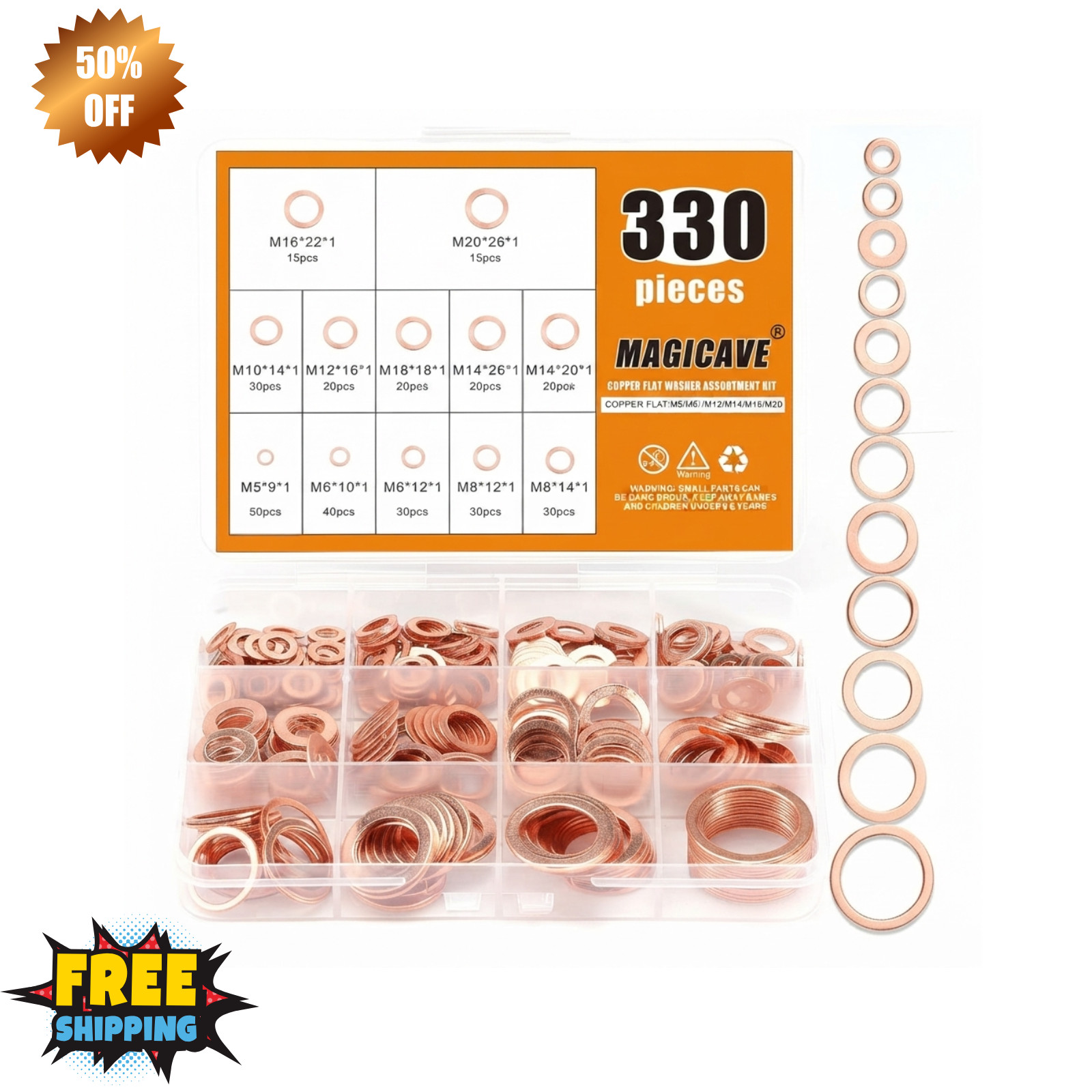 330PCS Copper Crush Washer Assortment Kit M5-M20 Metric Copper Sealing Washers f