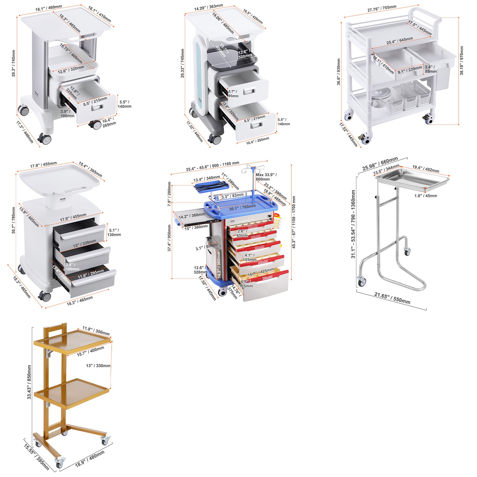 VEVOR 2/3/4/5 Tiers Lab Carts Mobile Medical Cart with Drawer/Tray/Trash Cans