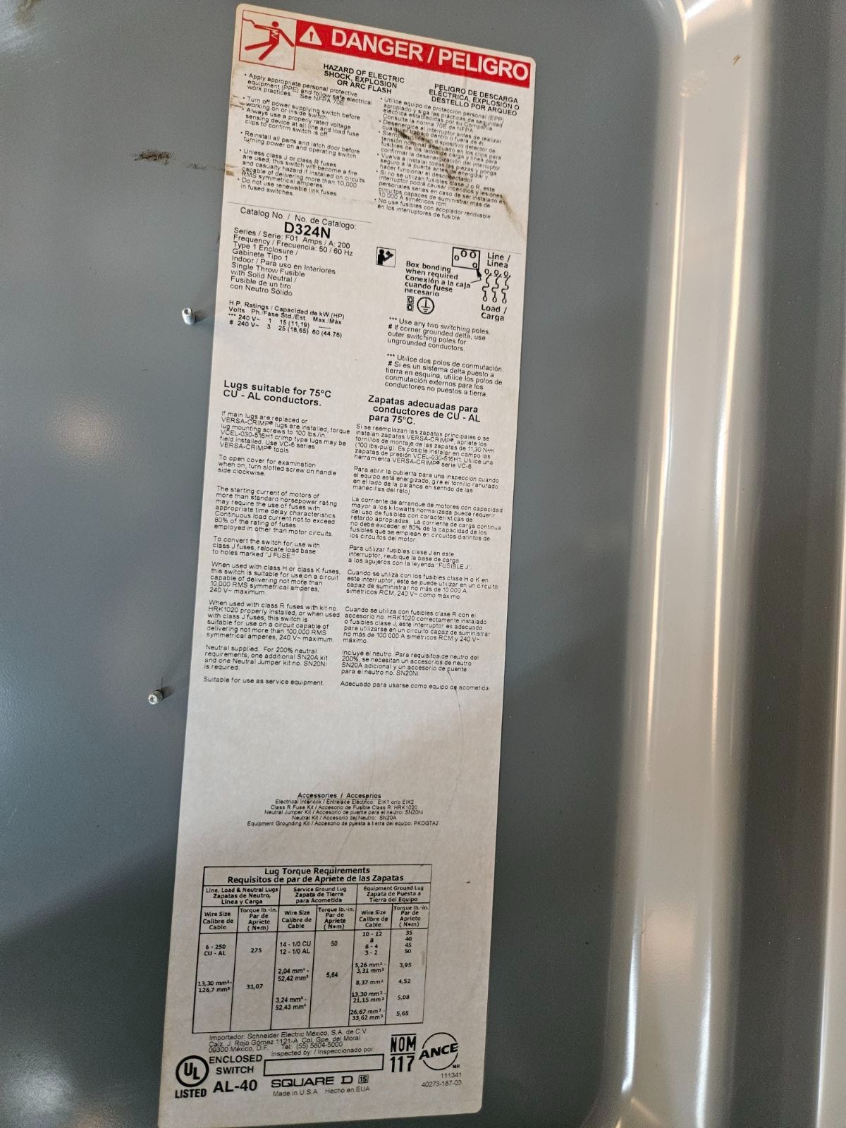 D324N Square D Switch 200 AMP 240 volt Fused Fusible Disconnect*NEXT DAY OPTION*
