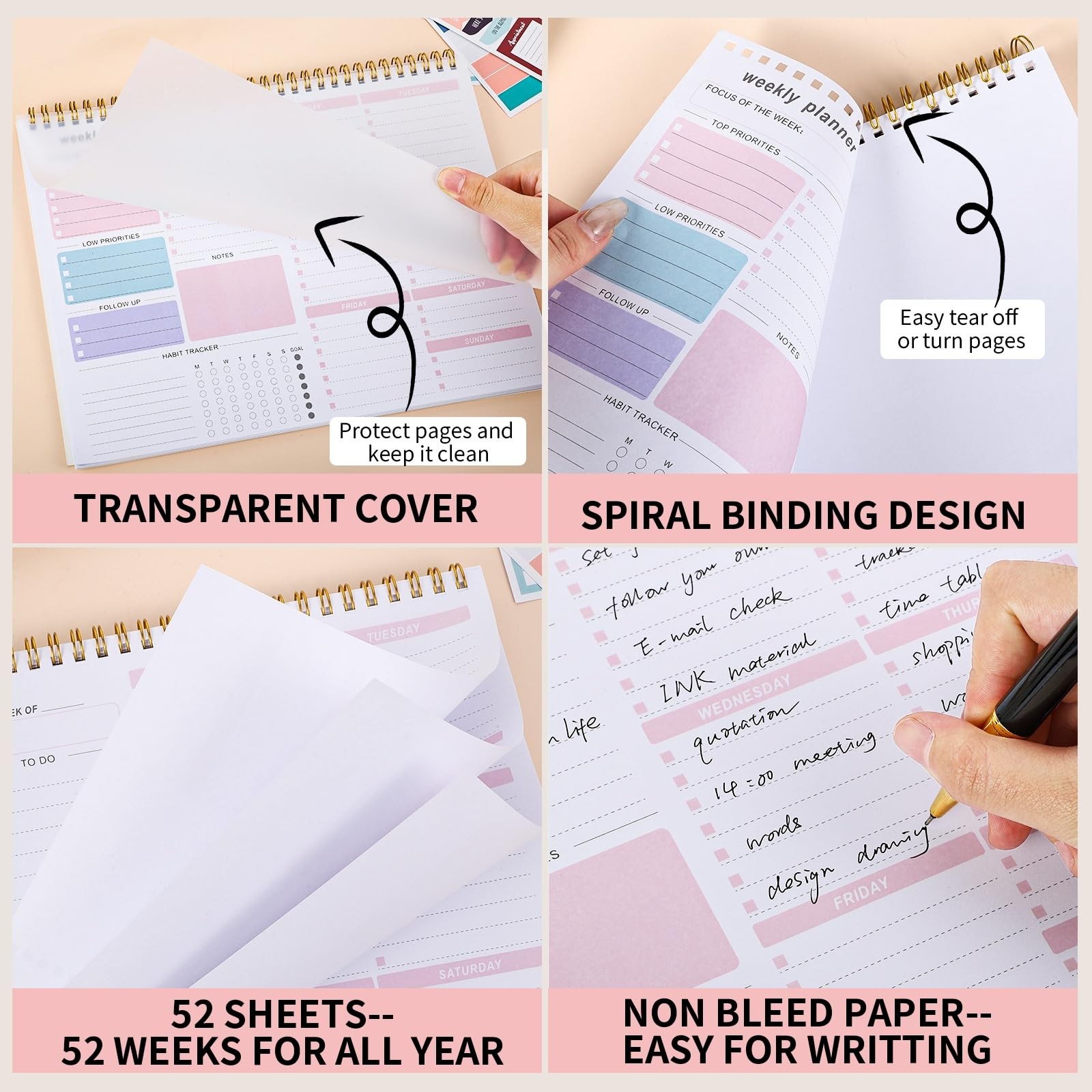Thboxes Weekly Desk Planner, 8.5×11 In To Do List inches, Pink