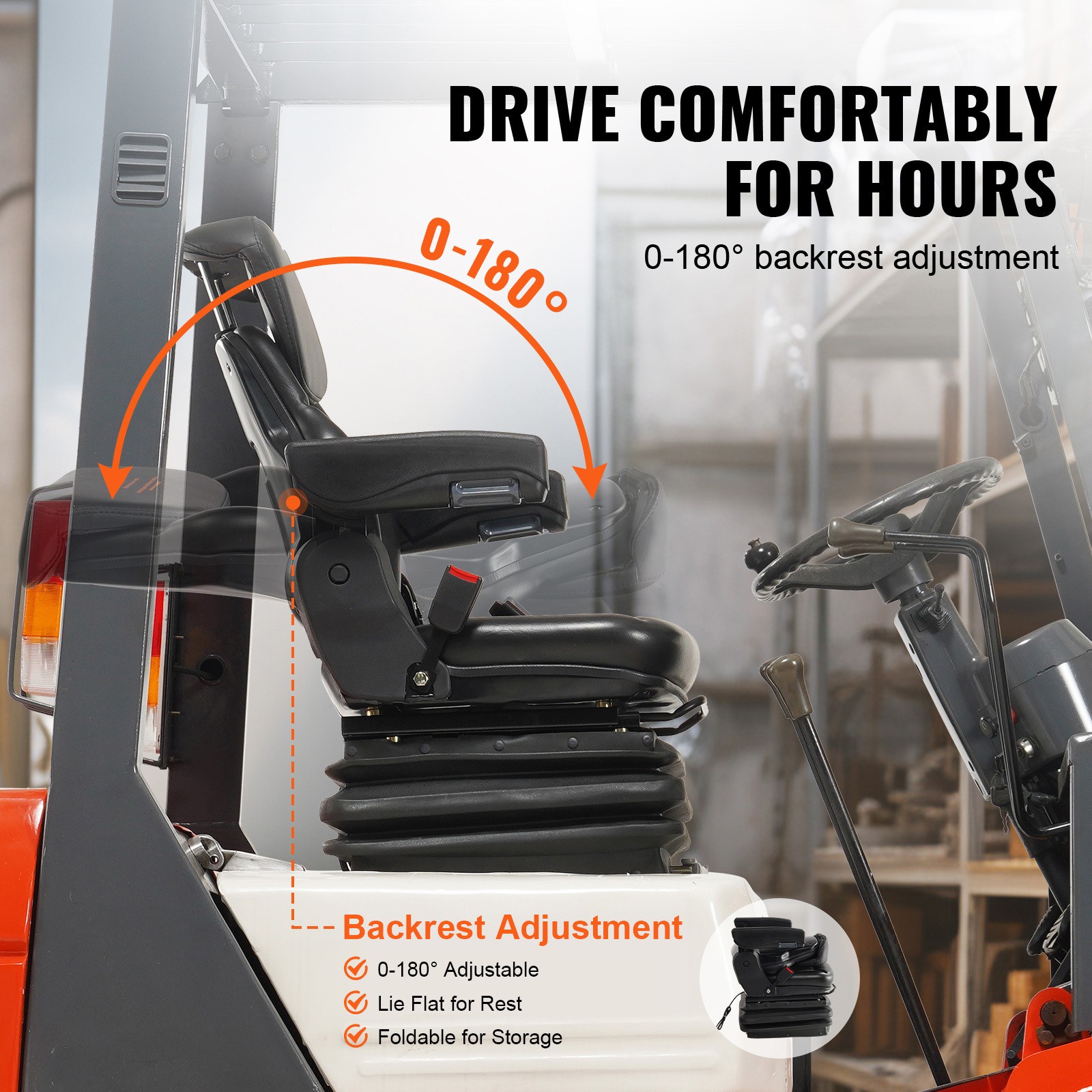 VEVOR Universal Forklift Seat Adjustable Tractor Seat with Seatbelt Armrests
