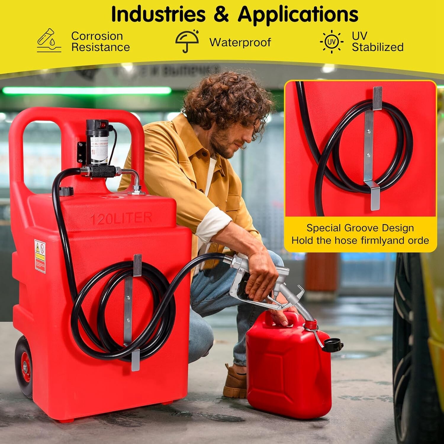 Red 32 Gallon Portable Fuel Tank 120L with 12V Diesel Pump 13ft Delivery Hose