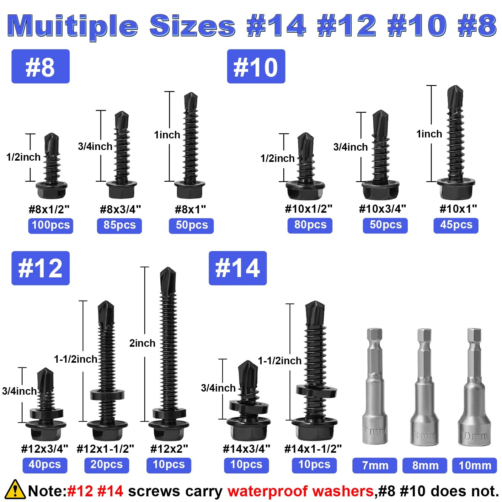 593Pcs Hex Washer Head Self-Drilling Screws, #8#10#12#14 Self Tapping Screws Ass
