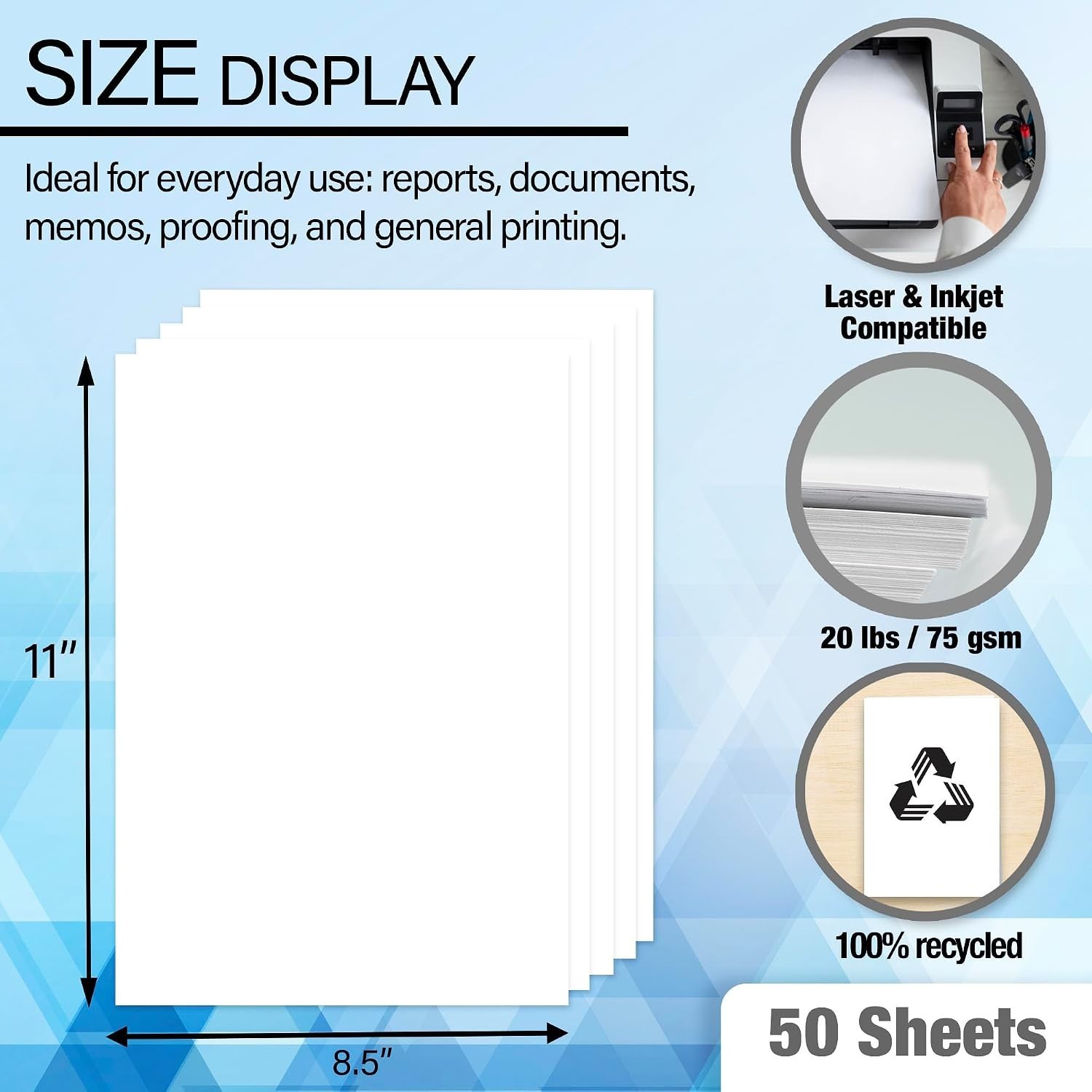 White Multipurpose Paper, 8.5 x 11 in, 50 Sheets | 20 lb 75 gsm, 100% recycle…