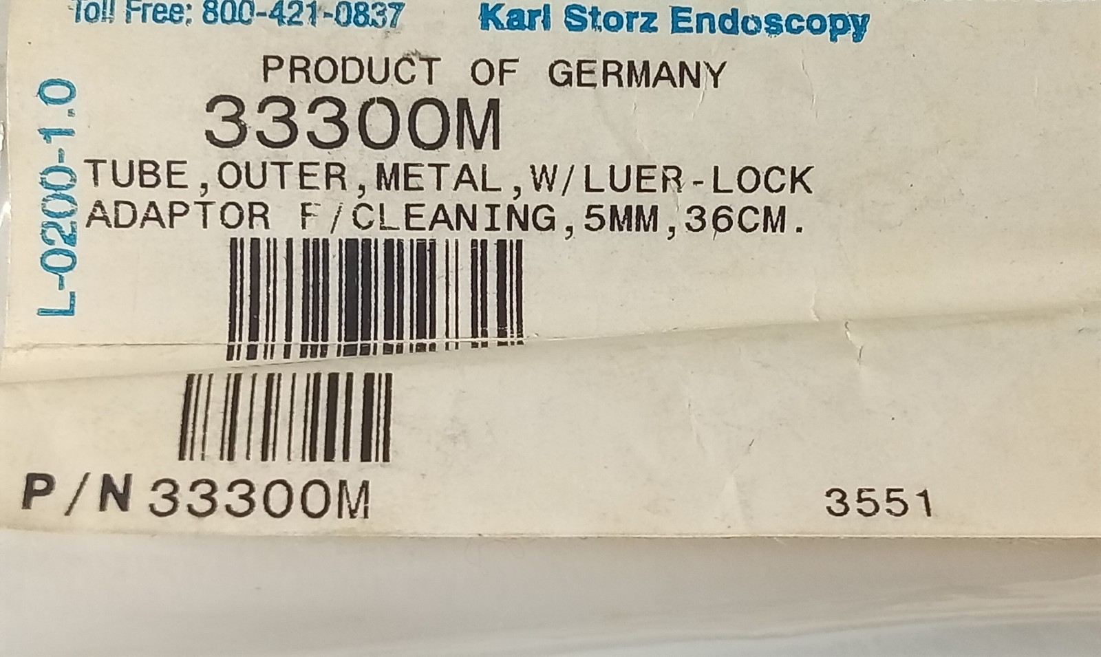 KARL STORZ ENDOSKOPE 33300M METAL OUTER TUBE W/ LUER-LOCK ADAPTOR 5MM X 36CM