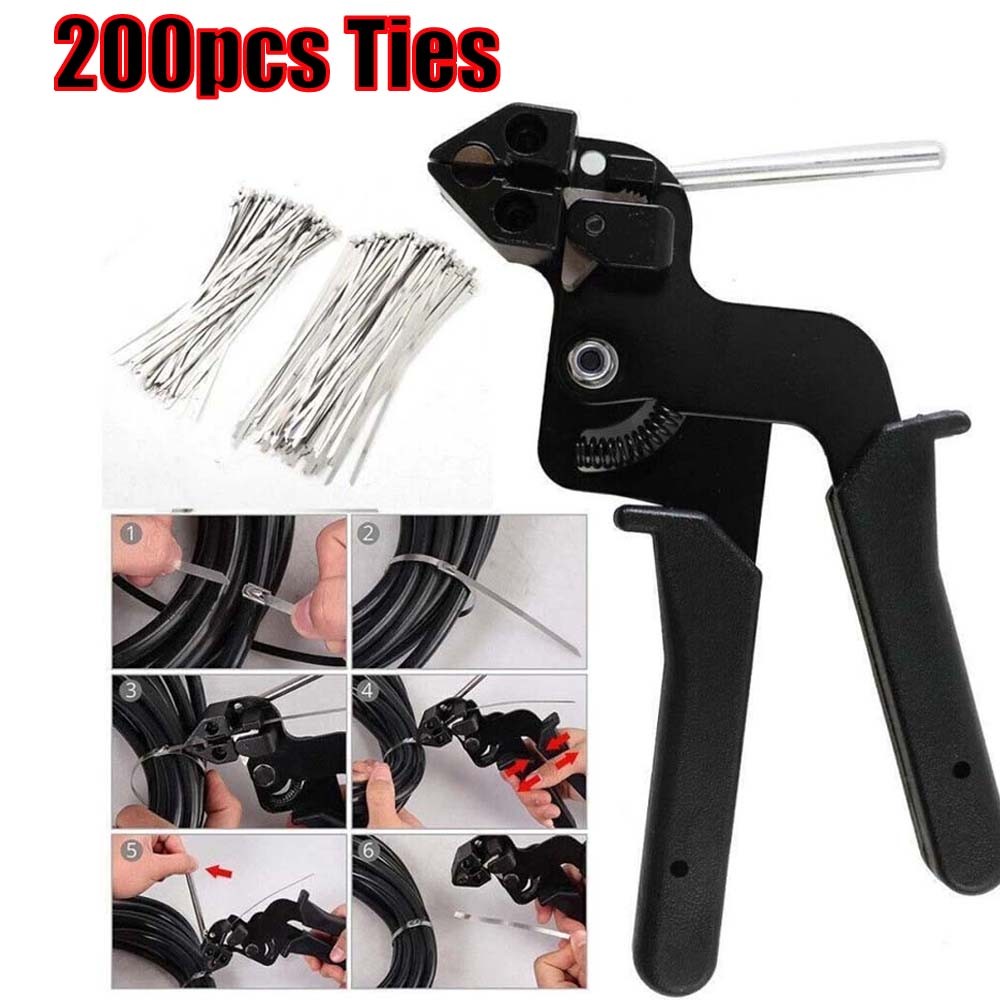 Cable Tie Tool Gun Kit Stainless Steel with 200 pcs Metal Zip Ties #E
