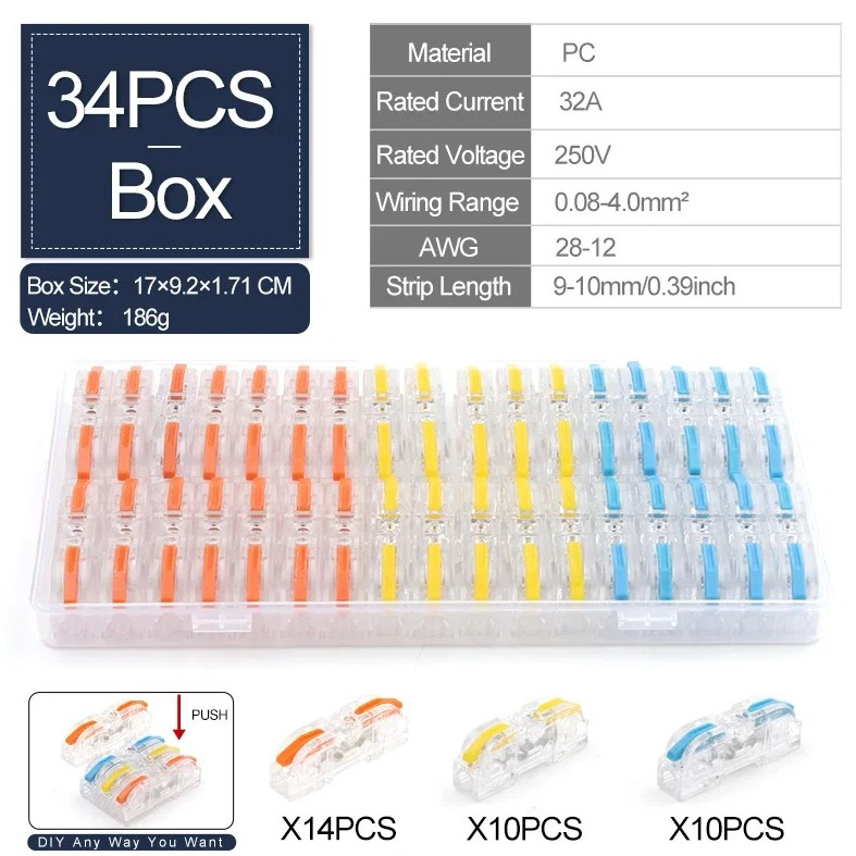 34pcs Boxed Lever Wire Connectors Electrical Splice Terminal Block Set – NEW