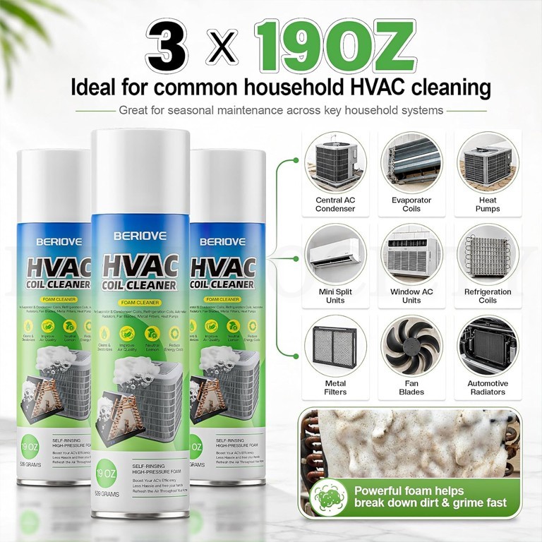 BERIOVE Foaming HVAC Coil Cleaner Professional High-Efficiency 19oz Lot of 3
