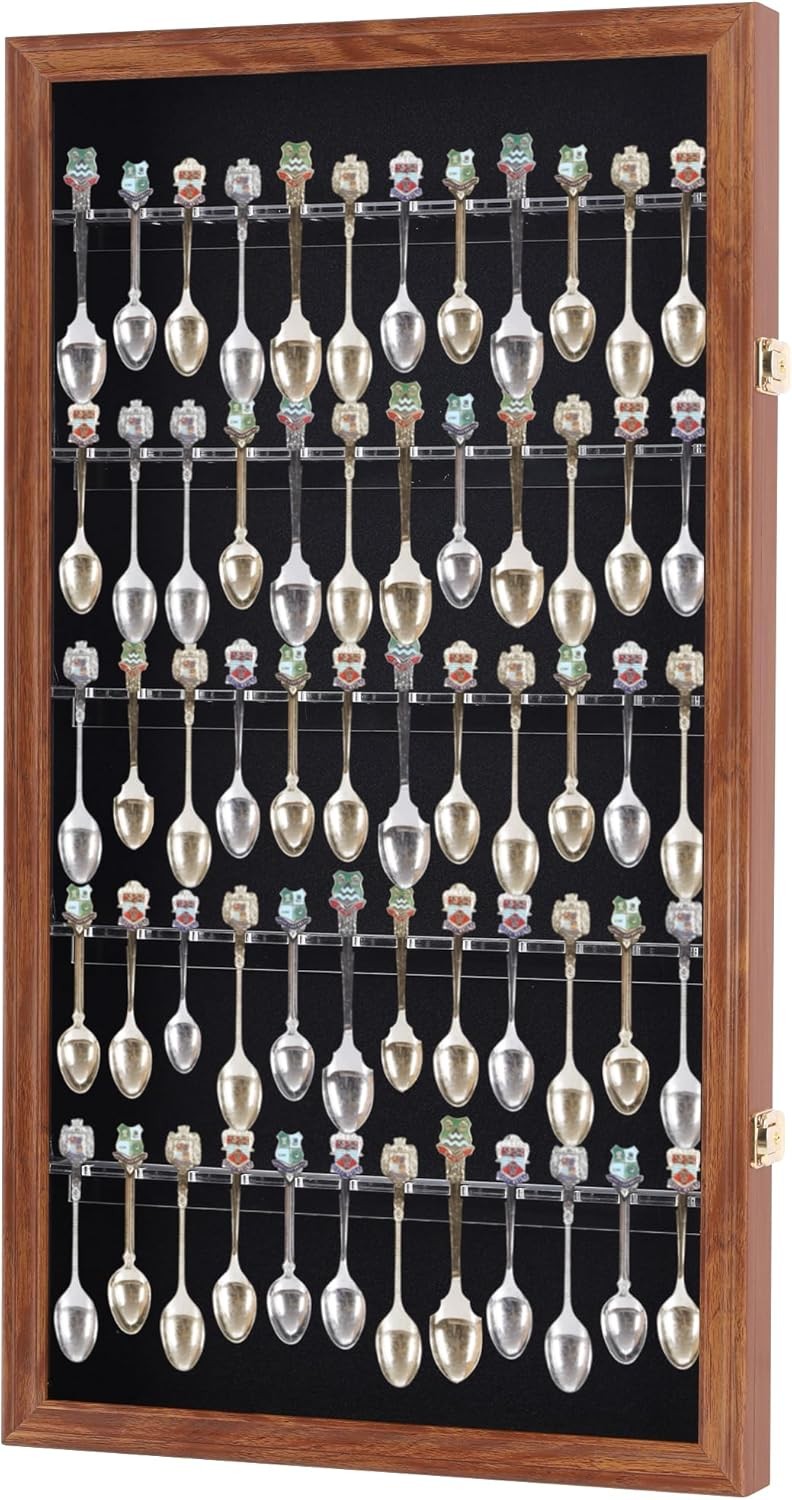 60 Souvenir Spoon Tea Display Case Rack Holder Wall Small, Walnut