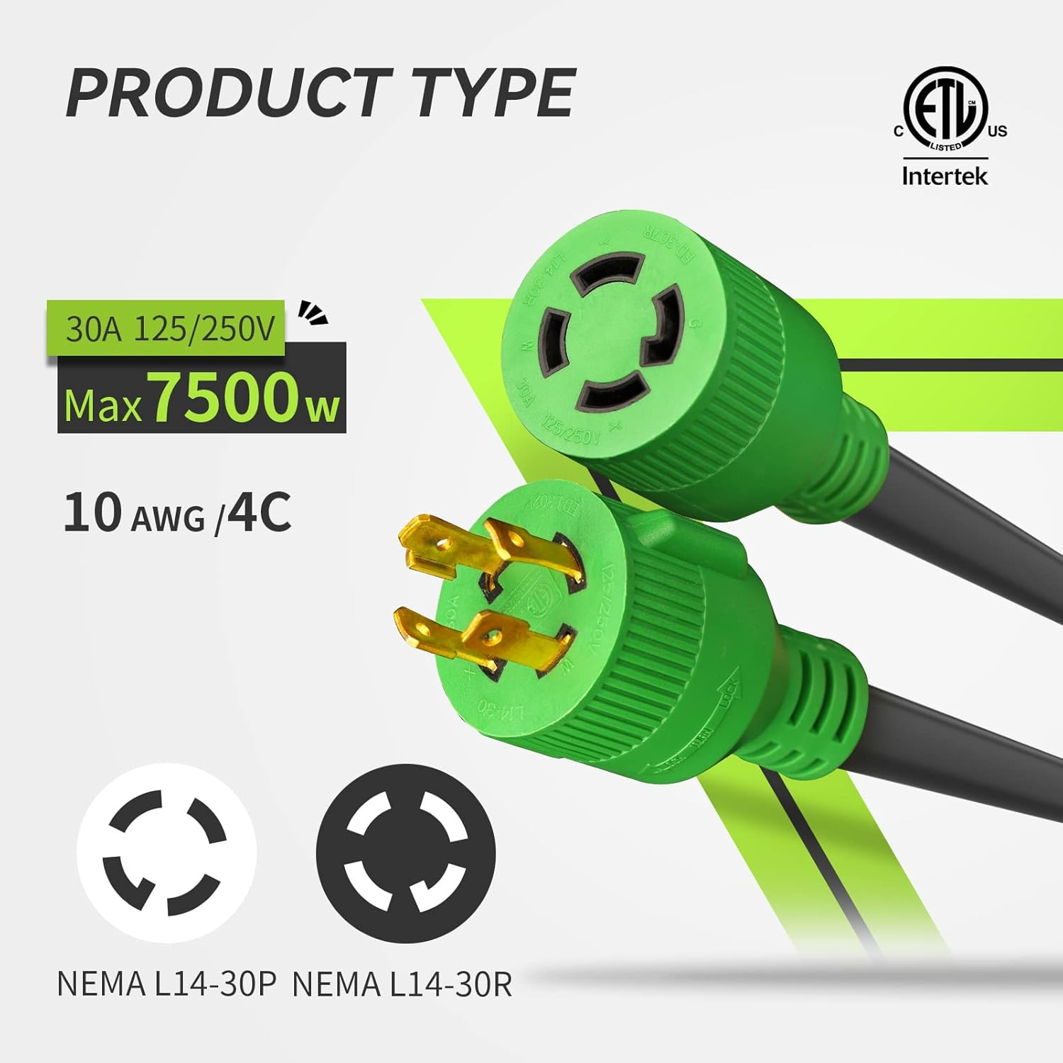 RVMATE 30 Amp Generator Cord 4 Prong 75 Feet, NEMA L14-30P/L14-30R, 125/250V up
