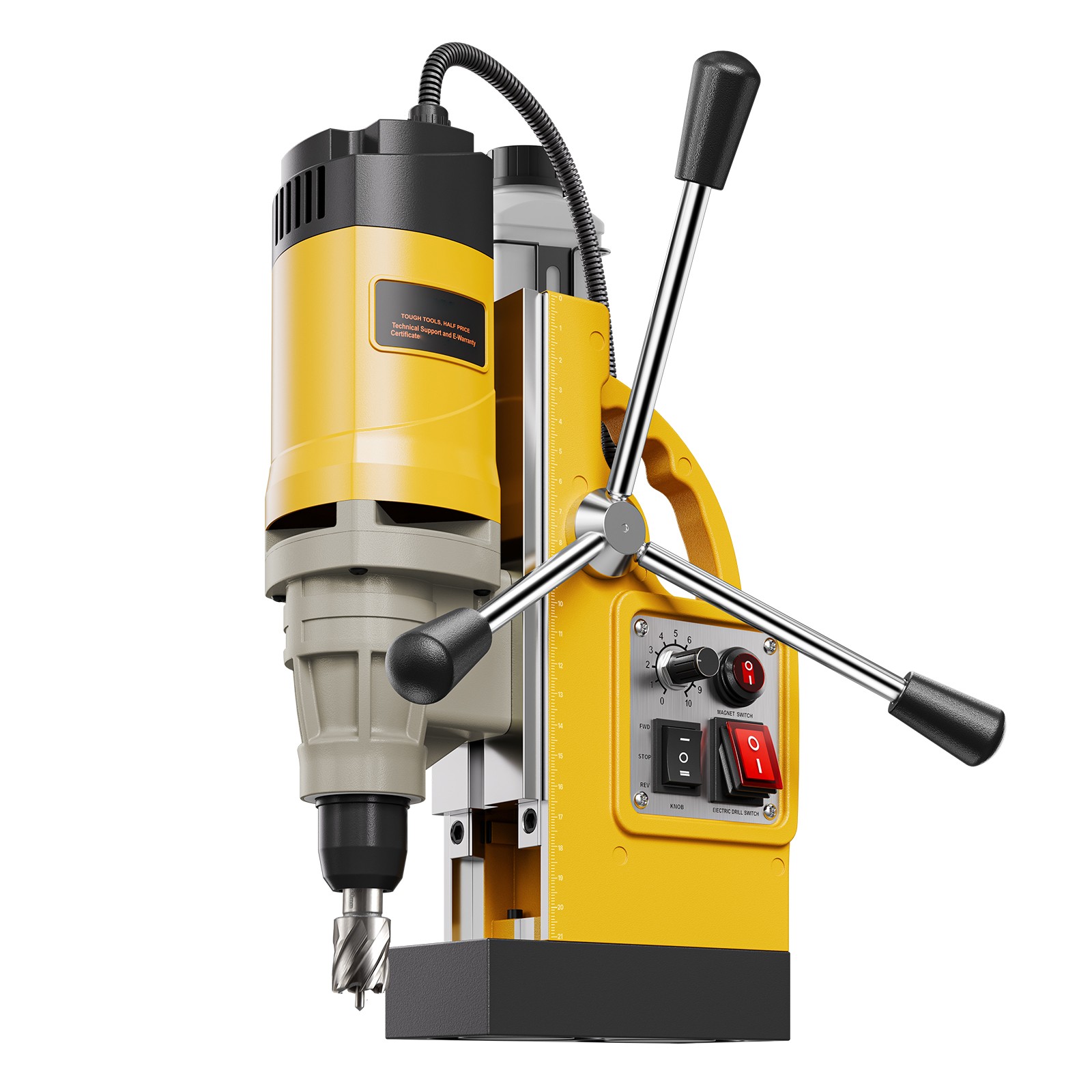 Magnetic Drill 1450W 12800N Mag Drill Press 2 in Boring Diameter 6 Bits Yellow