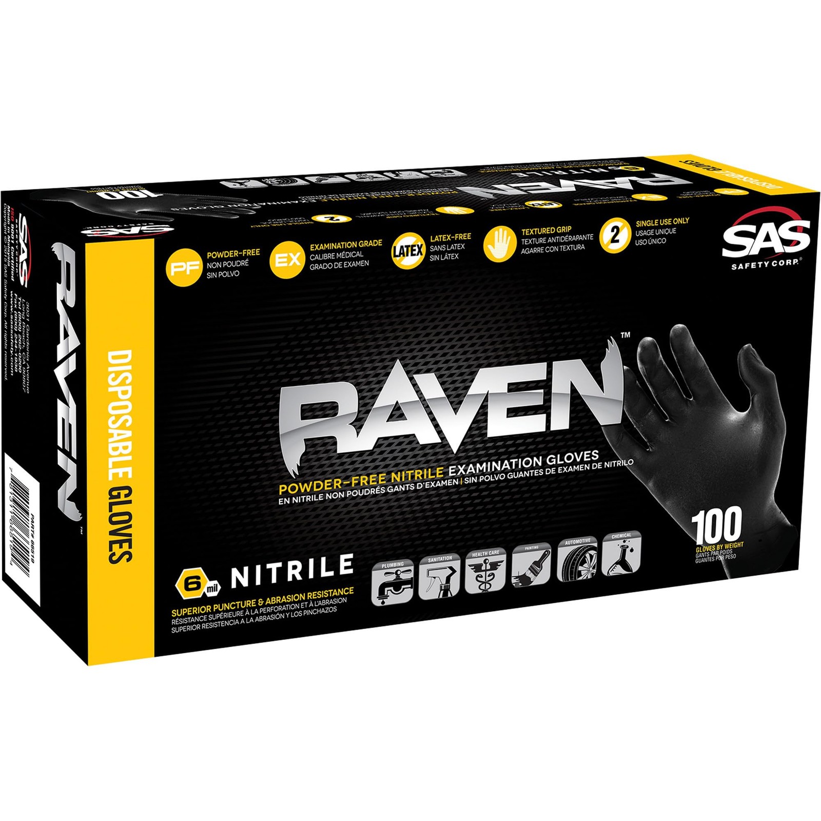 SAS Raven 7 Mil Nitrile Powder-Free Disposable Gloves, 50 Pairs, Black, Large,
