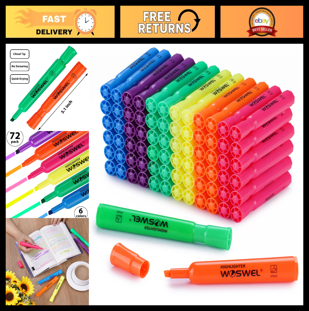 72 Pack Assorted Fluorescent Highlighters – Chisel Tip Markers for School & Art