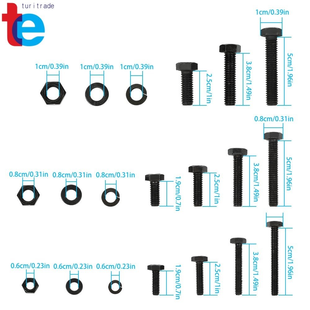 272PCS Hex Bolts Screws With Nuts Flat Lock Washers Assortment Kit 1/4 5/16 3/8