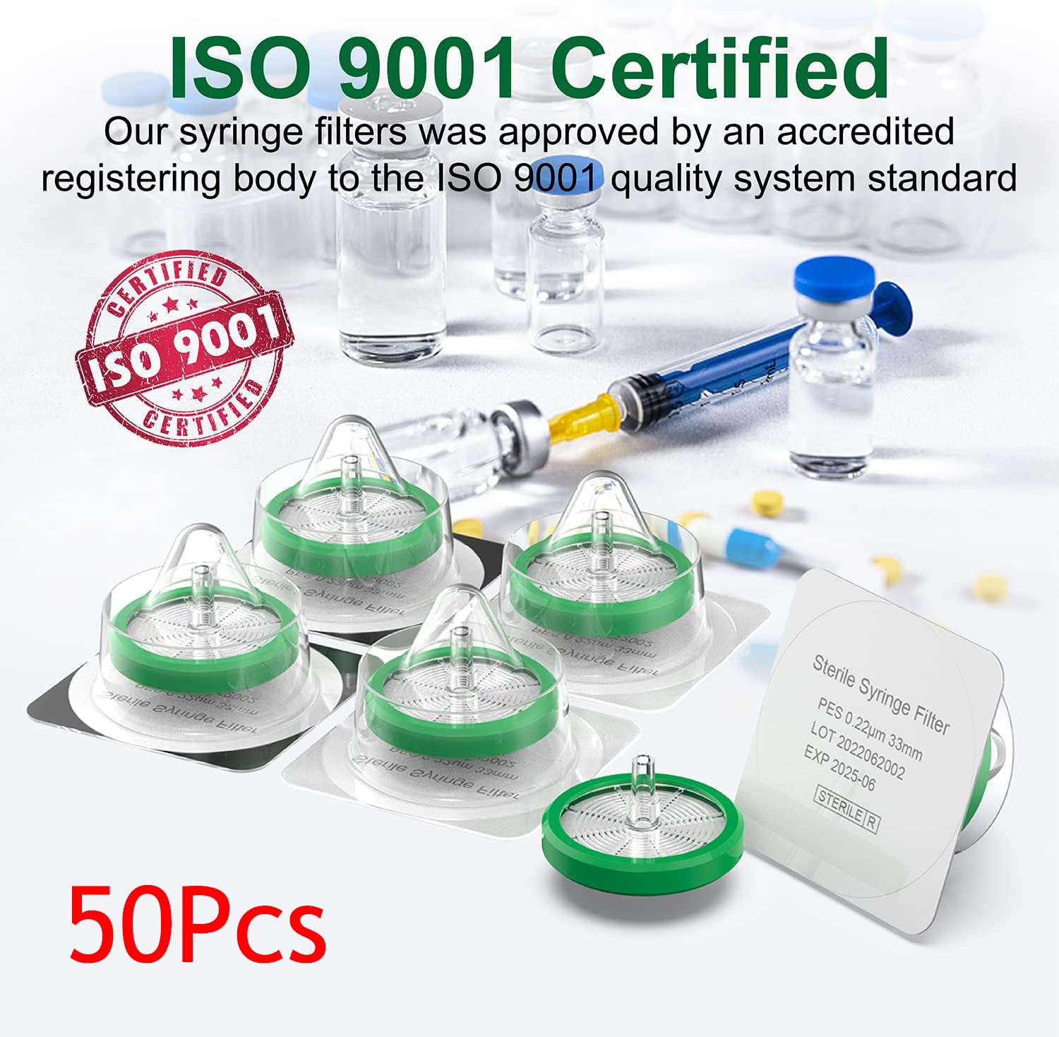 US Sterile Syringe Filter 33mm 0.22 Micron PES Membrane Hydrophilic Filter 50Pcs