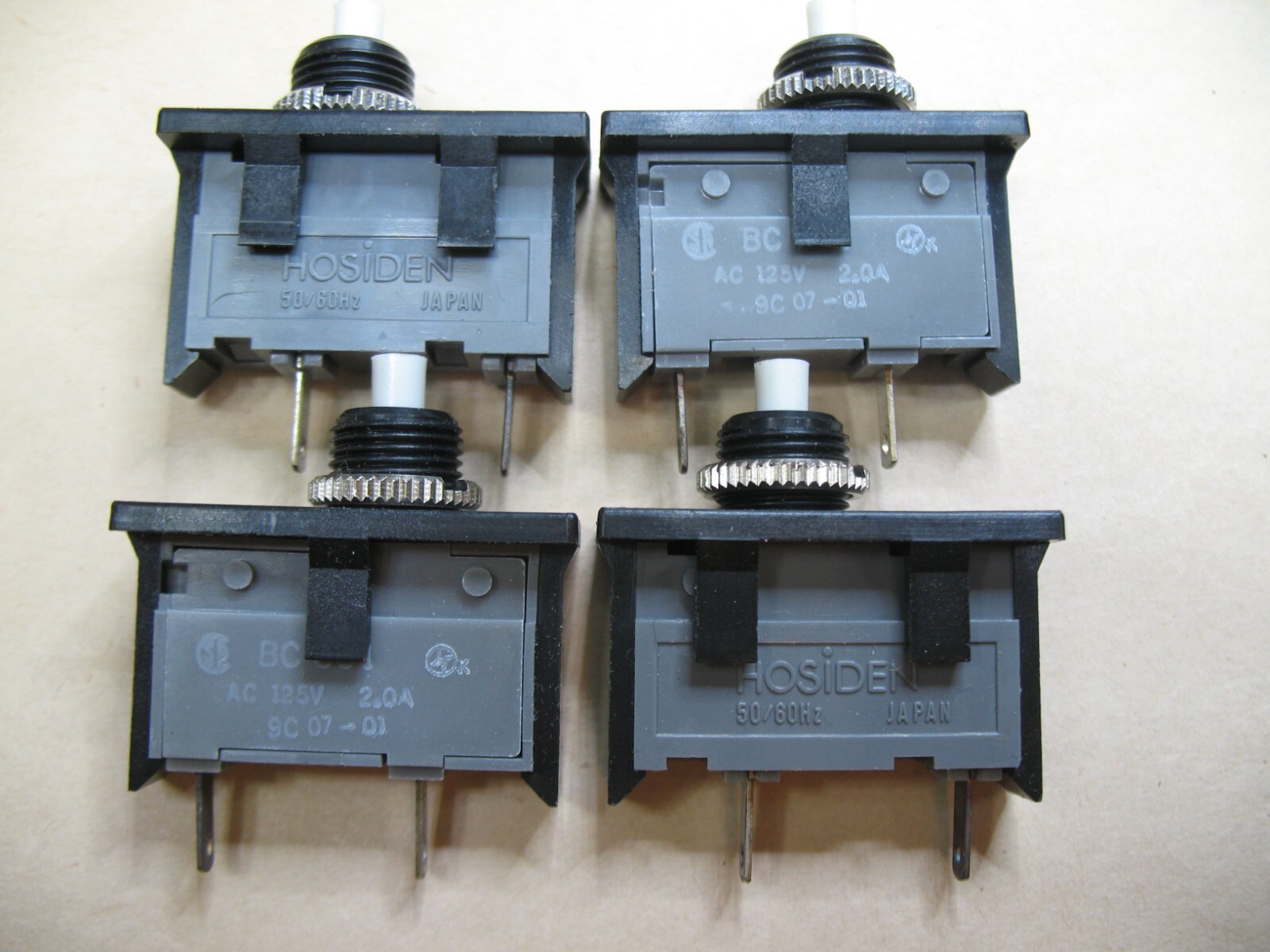 Qty. 4 Hosiden 2 Amp 125 VAC Push Button Panel Mount Thermal Circuit Breakers