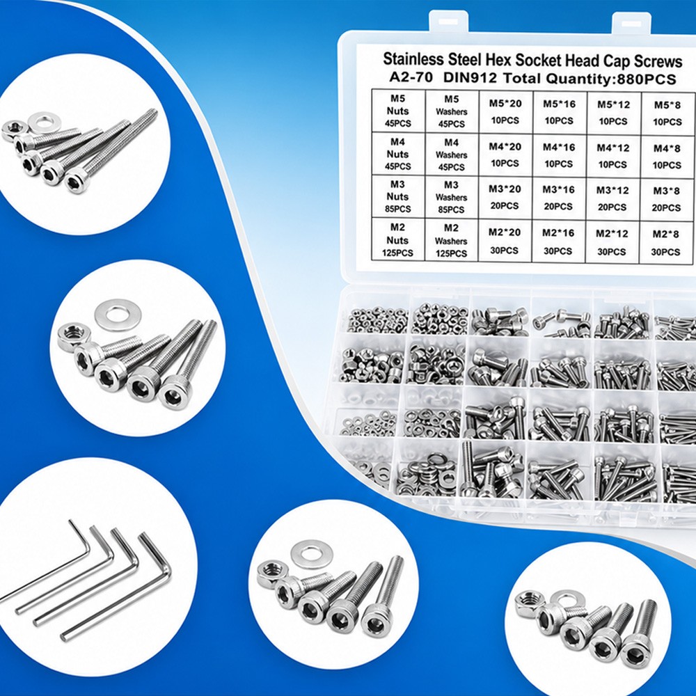 880PCS Metric Screws Assortment Kit, Hex Socket Head Cap, Bolts Nuts Washers New