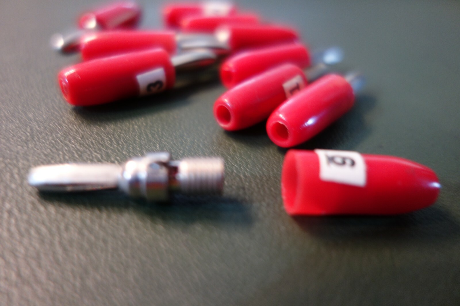 10 each Vintage HH Smith 455 Red Solderless Banana Male Plug,15 Amps 1 KV.
