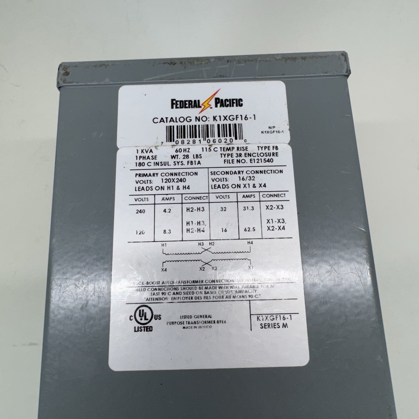 Federal Pacific K1XGF16-1 Single Phase Buck Boost Dry Type Transformer *NOS*