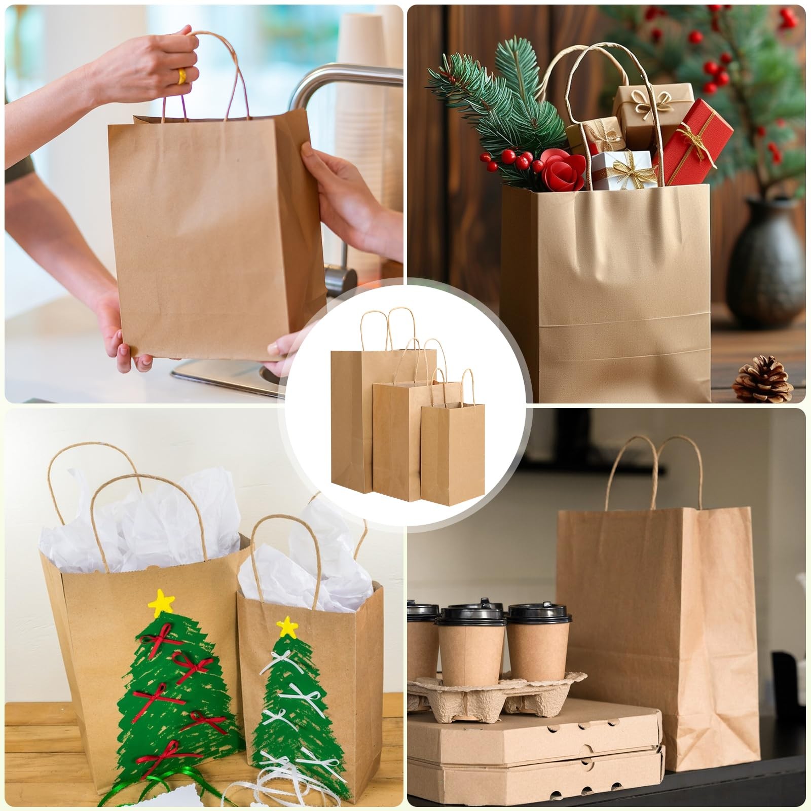 XPCARE 100PCS Brown Paper Bags with Handles, 1 Count (Pack of 100), brown