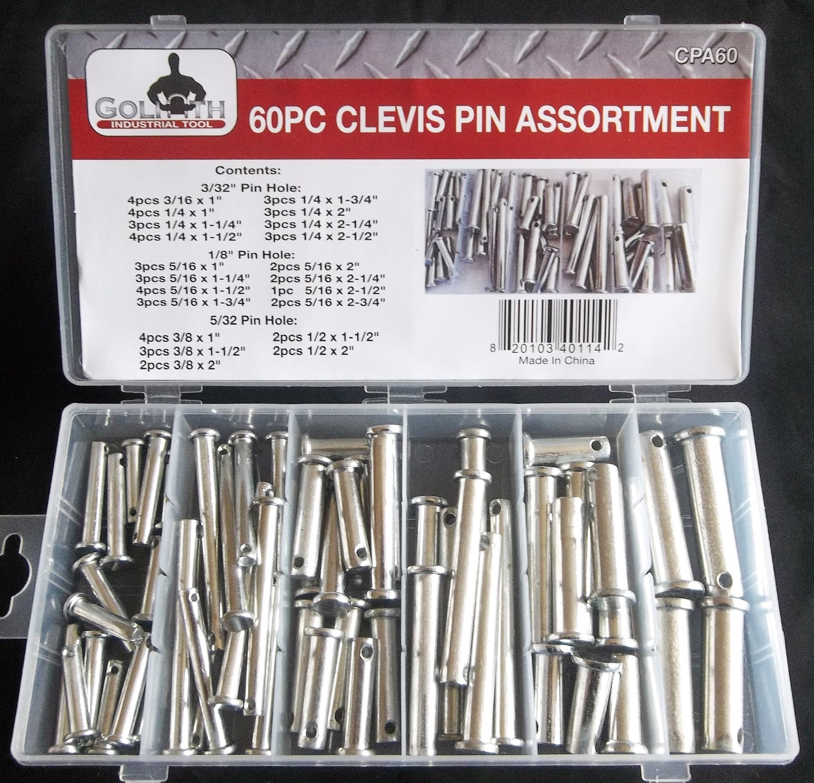 60pc GOLIATH INDUSTRIAL CLEVIS PIN ASSORTMENT 21 SIZES CPA60 HITCH TRACTOR
