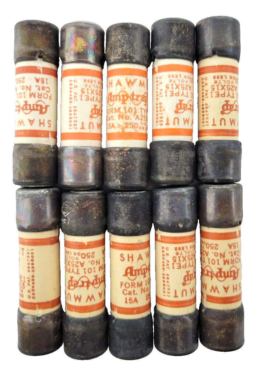 LOT OF 10 – SHAWMUT FORM 101 TYPE 1 CAT NO 250 OR LESS VOLT A25X15 FUSE 15A USED