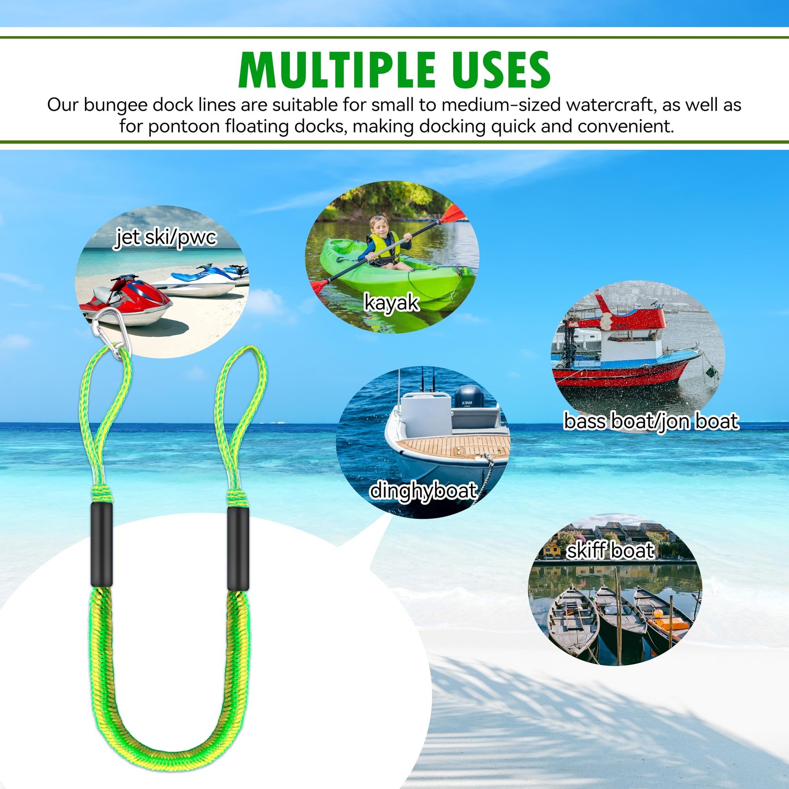 Boat Bungee Dock Lines 4 ft – Single Hook Dock Rope with 2 Loops, 2 Pack (Gre…