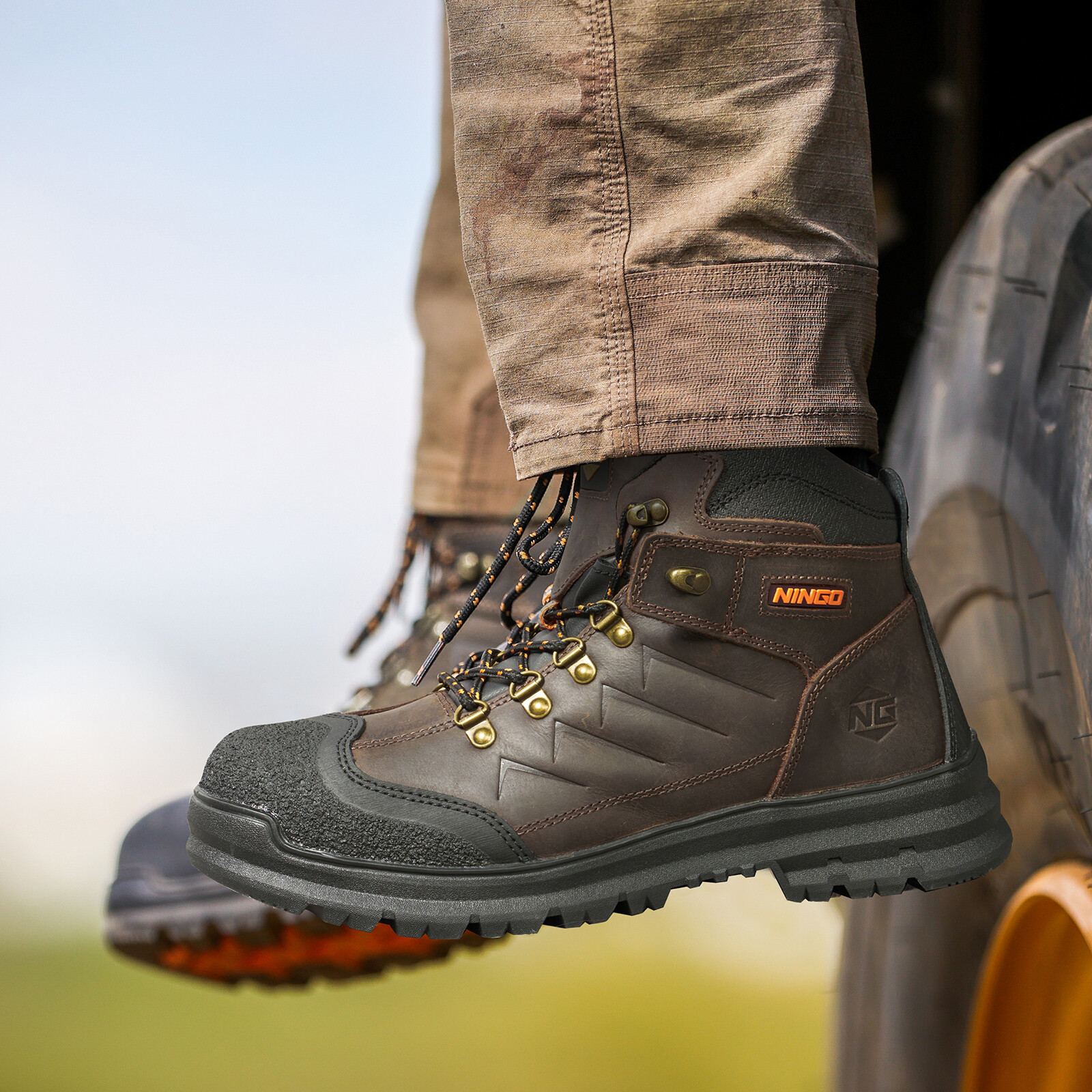NINGO Men’s Steel Toe Work Boots Leather Industrial & Construction Safety Boots