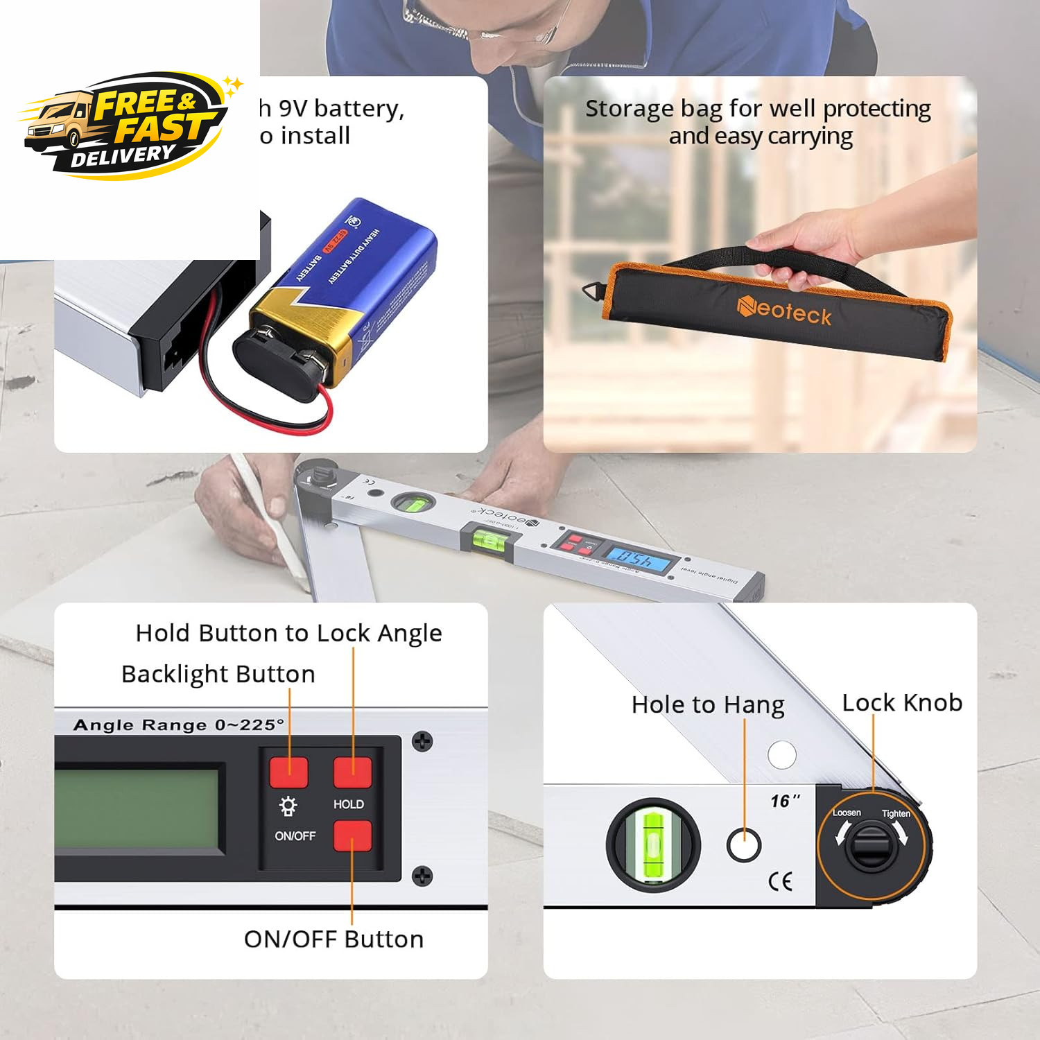 Aluminum Digital Angle Finder Protractor 225° 16 Inch Backlit LCD Digital with H