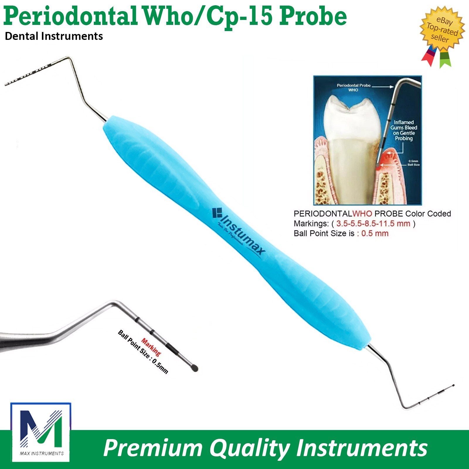 Dental Periodontal Probes UNC-15, WHO Ball Ended BPE Probe Markings Color Coated