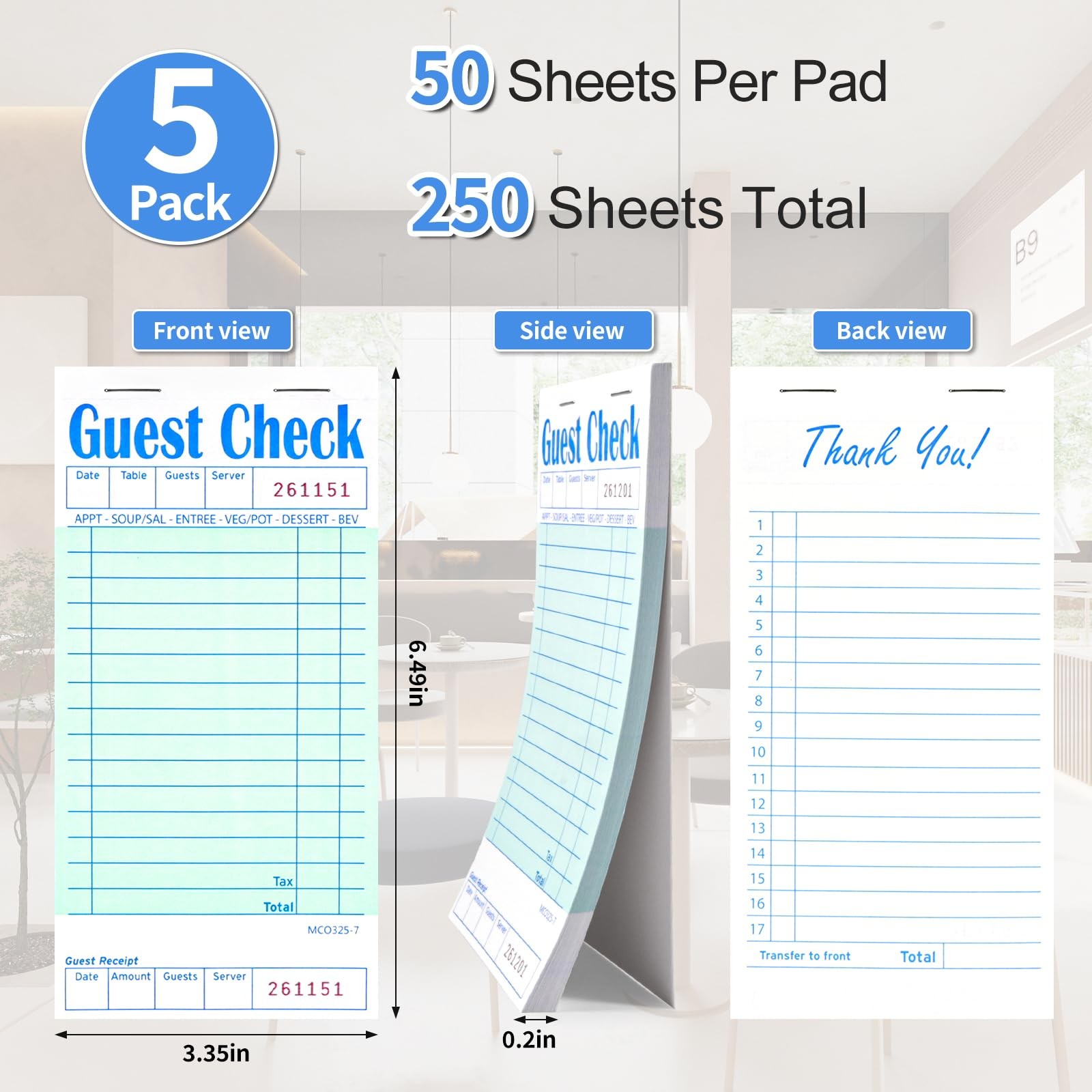 Darcvds 5 Pack Guest Check Books, Server Note 6.69IN*3.14IN*1.1IN, Light Blue