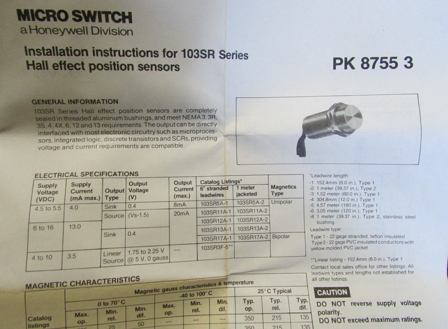 New Honeywell Micro Switch Hall Effect Proximity Sensors 5VDC Unipolar 103SR5A-1