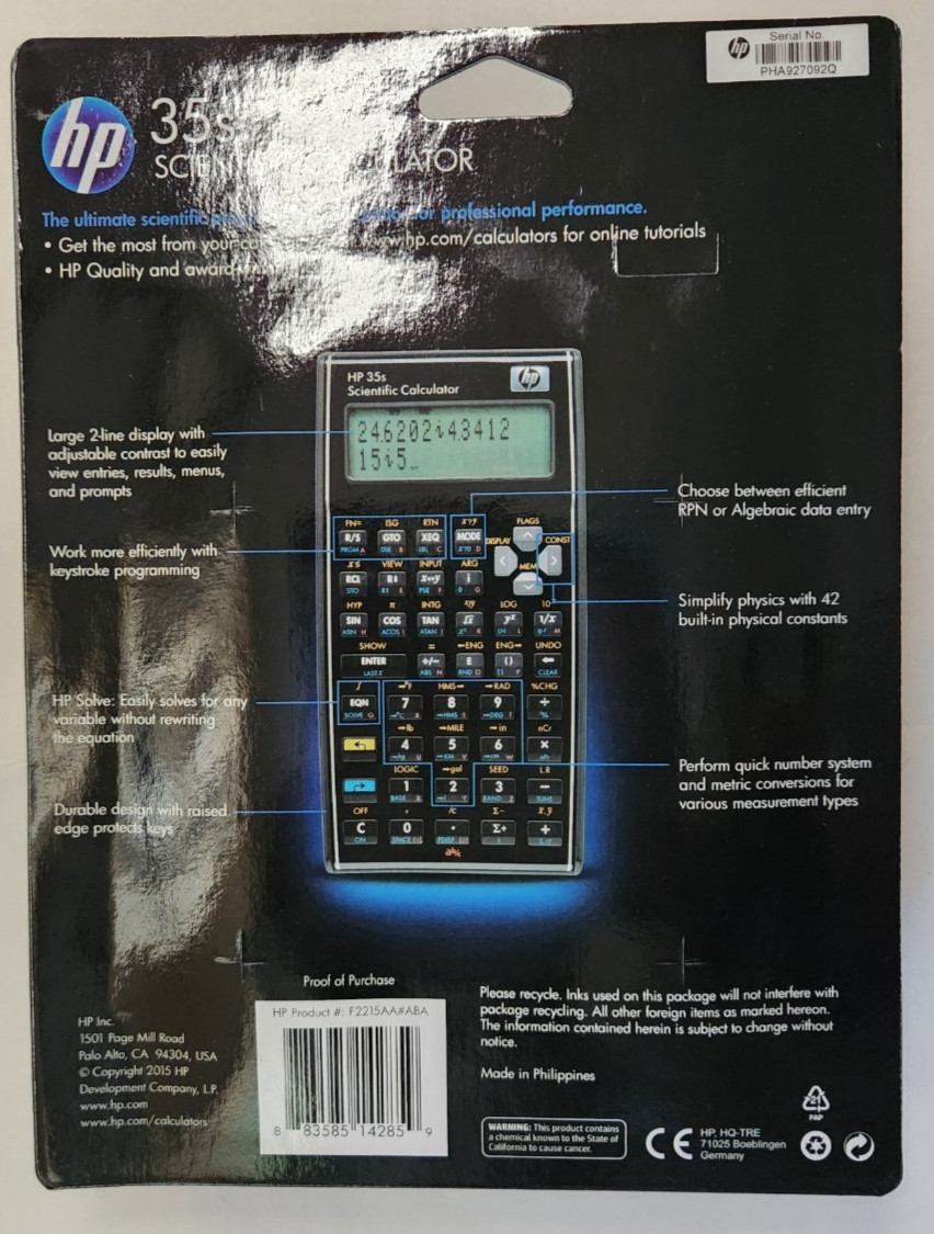Flawed Screen, Brand New Hewlett Packard HP-35S RPN Scientific Calculator