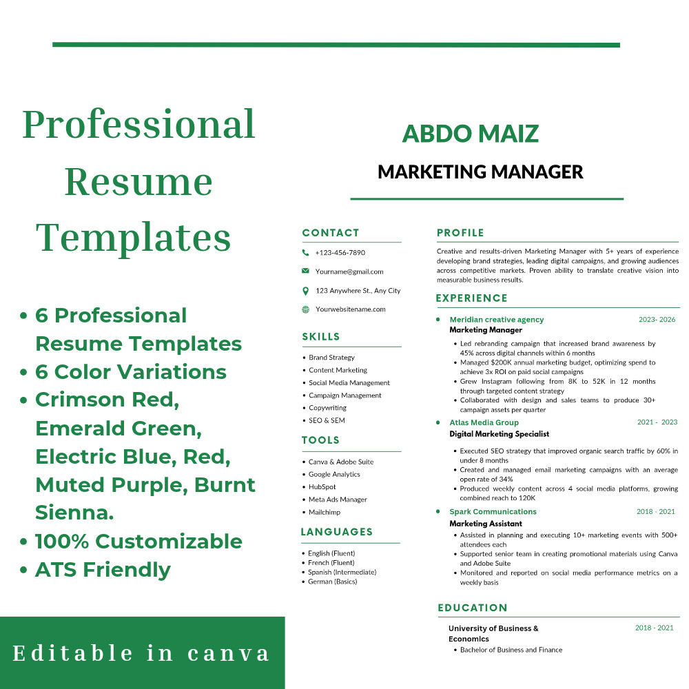 6x Professional Resume Templates Canva CV Template Pack Modern Job Resume 2026