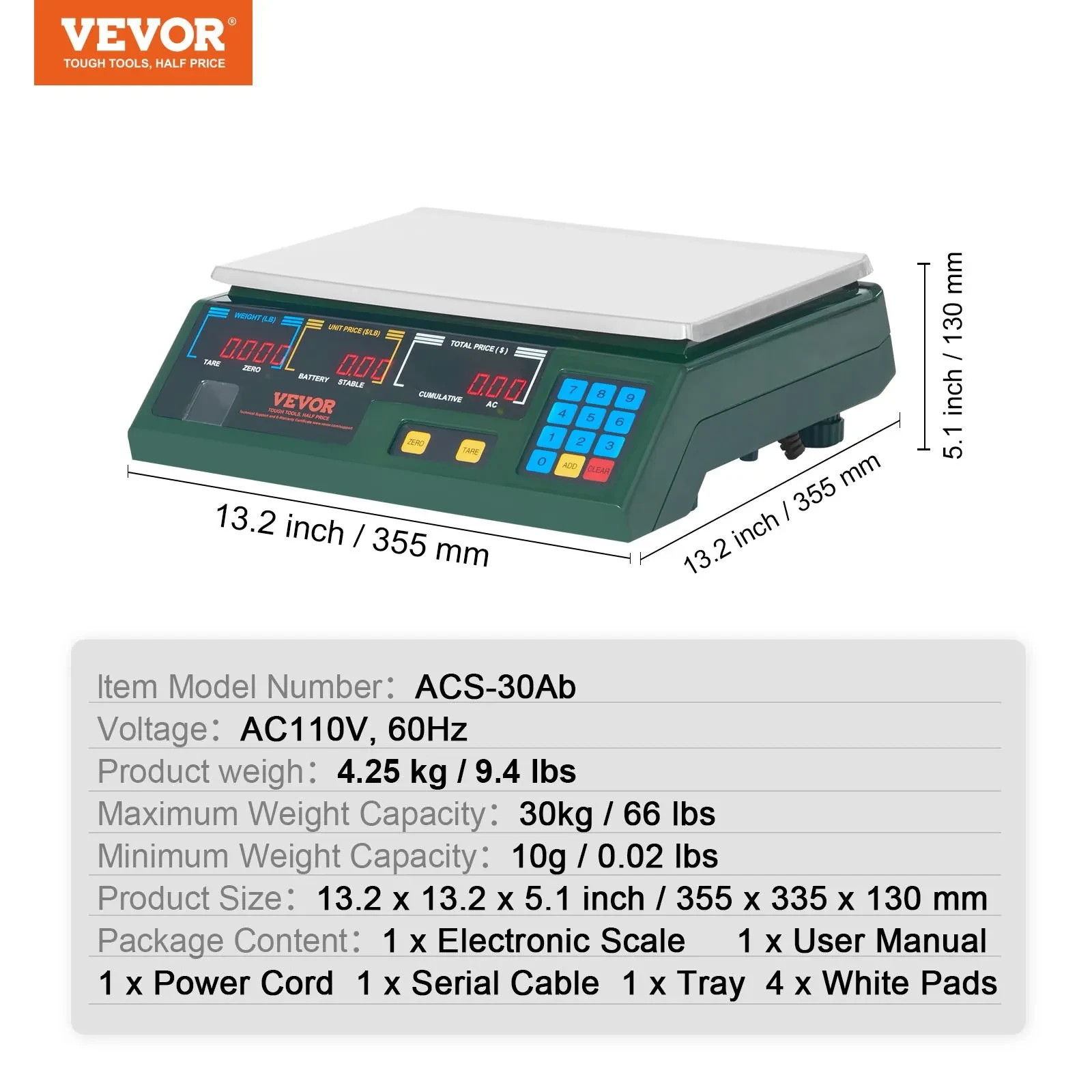 VEVOR 66lb Digital Price Computing Scale LED Deli Food Produce Retail Scale