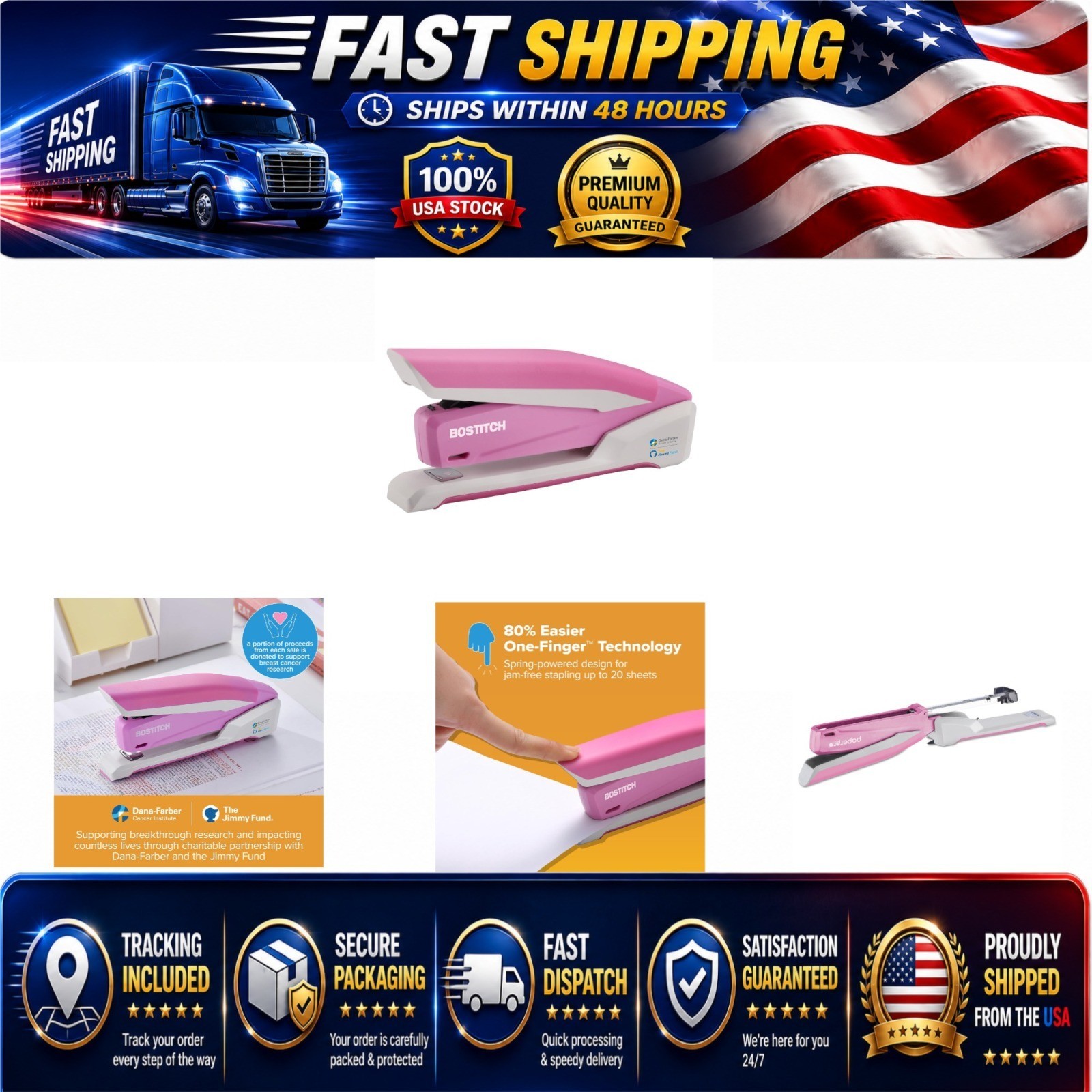 Bostitch Office InPower Spring-Powered Stapler, 20 Sheet Capacity, Pink