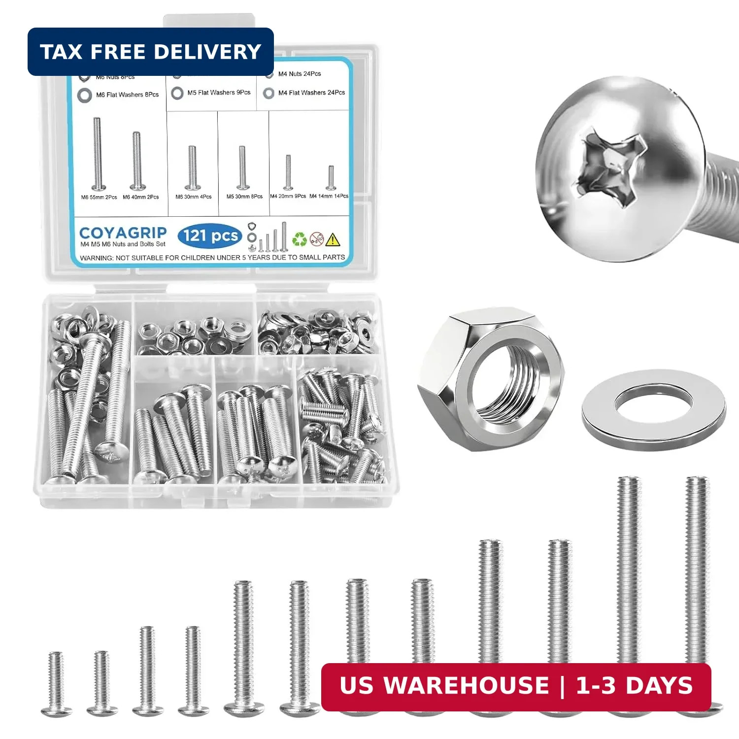 121PCS Nuts and Bolts Assortment Kit, M4 M5 M6 Phillips Head Machine Screws Asso