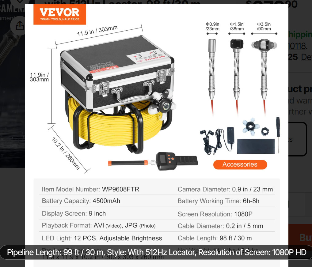 VEVOR Sewer Camera with 512Hz Locator, 98 ft/30 m (Open Box)
