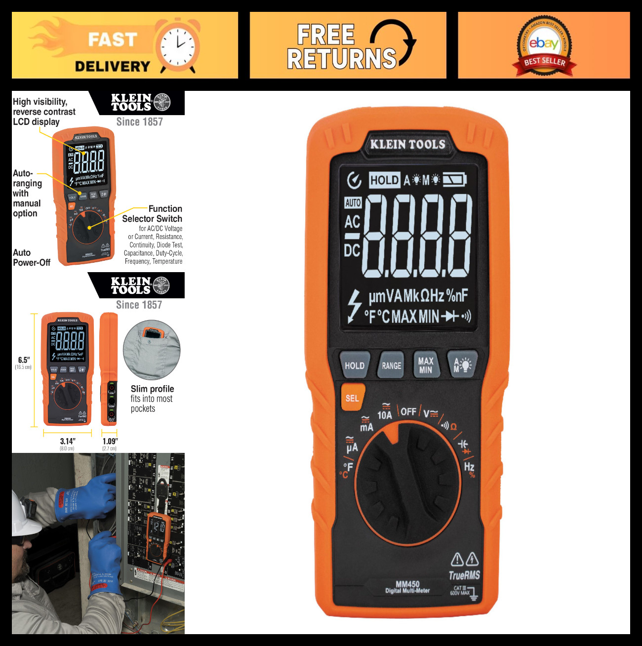 Slim Digital Multimeter with Reverse Contrast Display, Auto-Ranging TRMS, 600V A