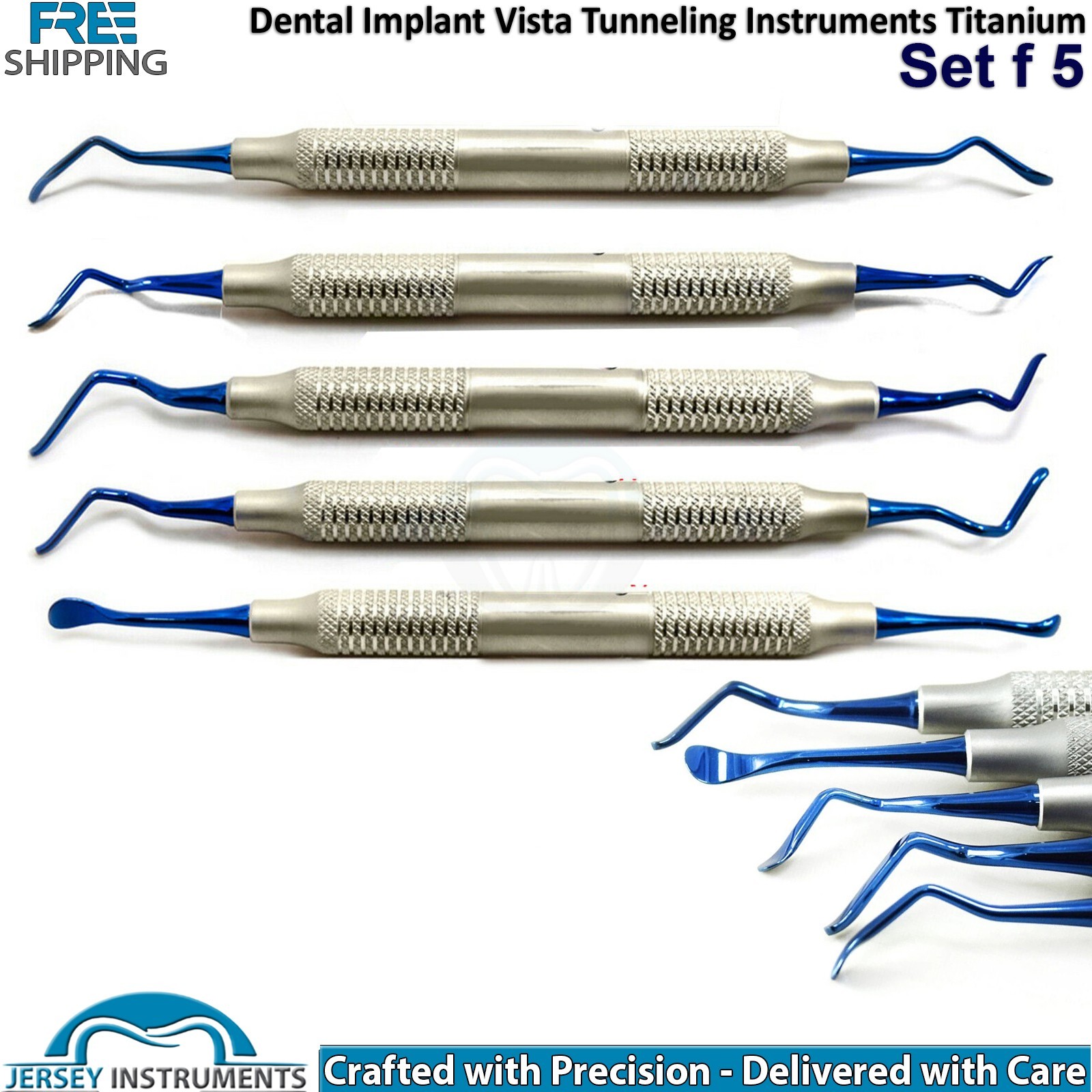 Set of 5 Implant Surgery Tunneling Elevators Blue Tip Dental Surgical Instrument