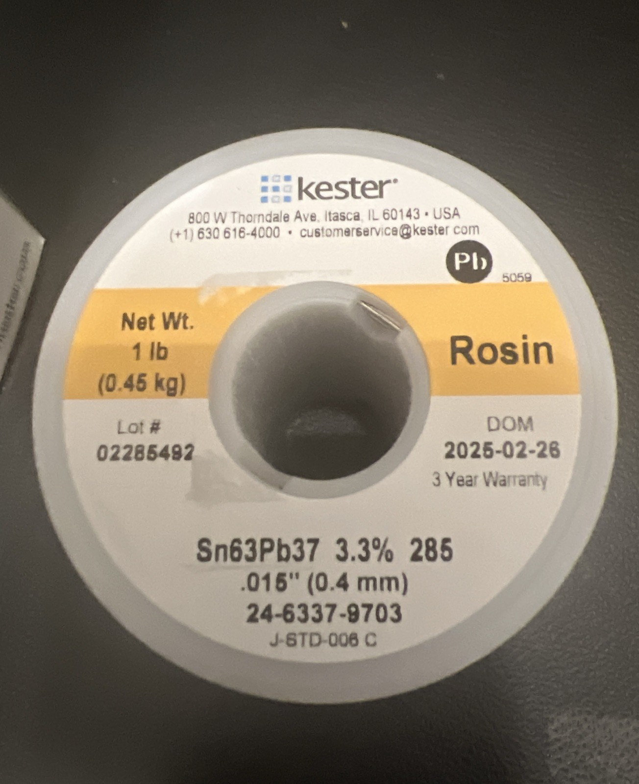 Kester 24-6337-9703 Solder Wire Sn63/Pb37 0.015” 0.4mm 1lb Rosin 285 – DOM 2025+