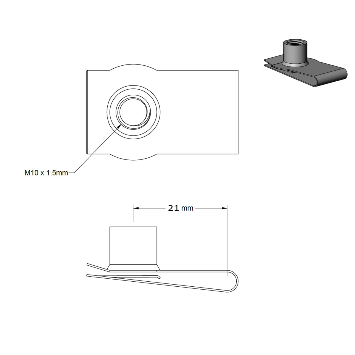 M10 U-Style Clip-On Nut, U-Type Fasteners (Pack of 10)