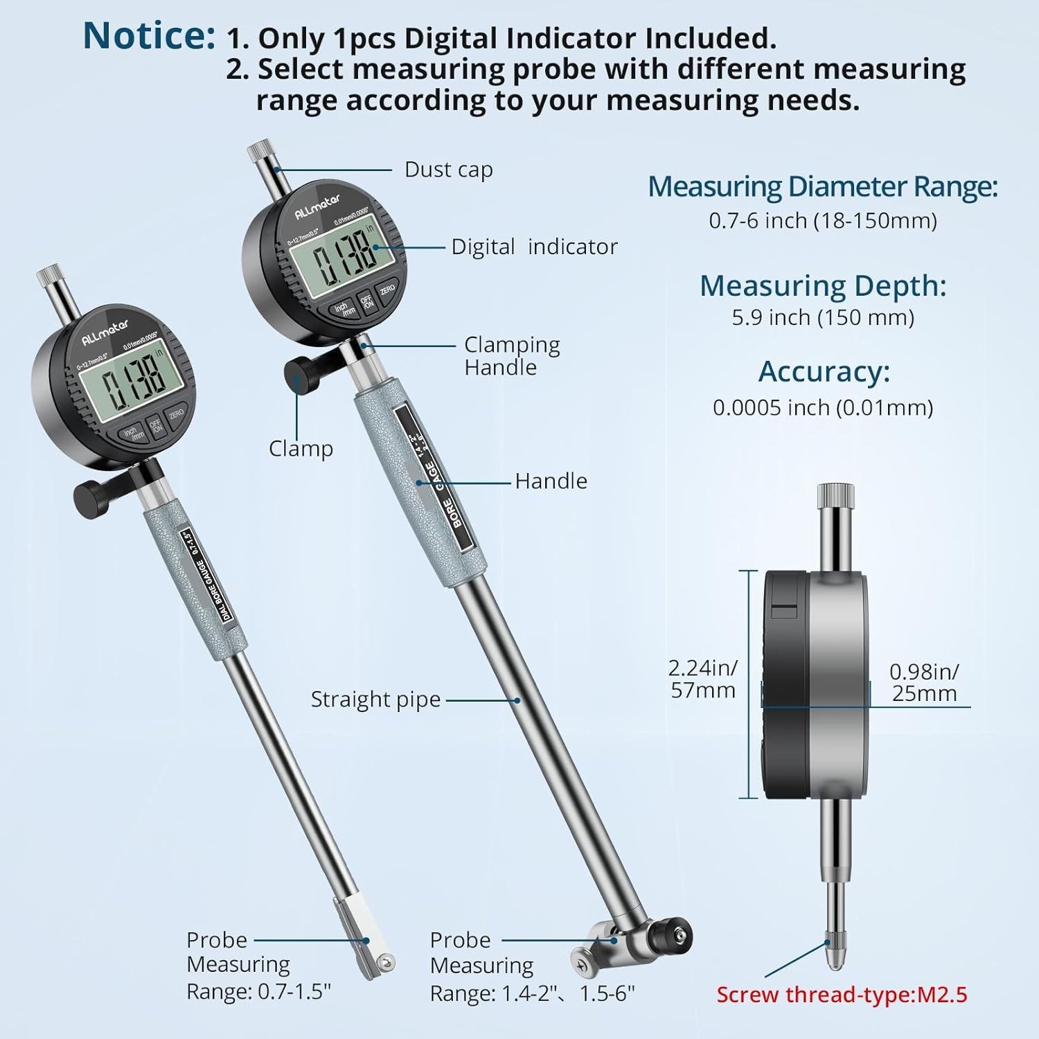 0.0005″ Digital Dial Bore Indicator 0.7″-6″ Engine Internal Cylinder Gauge Tool