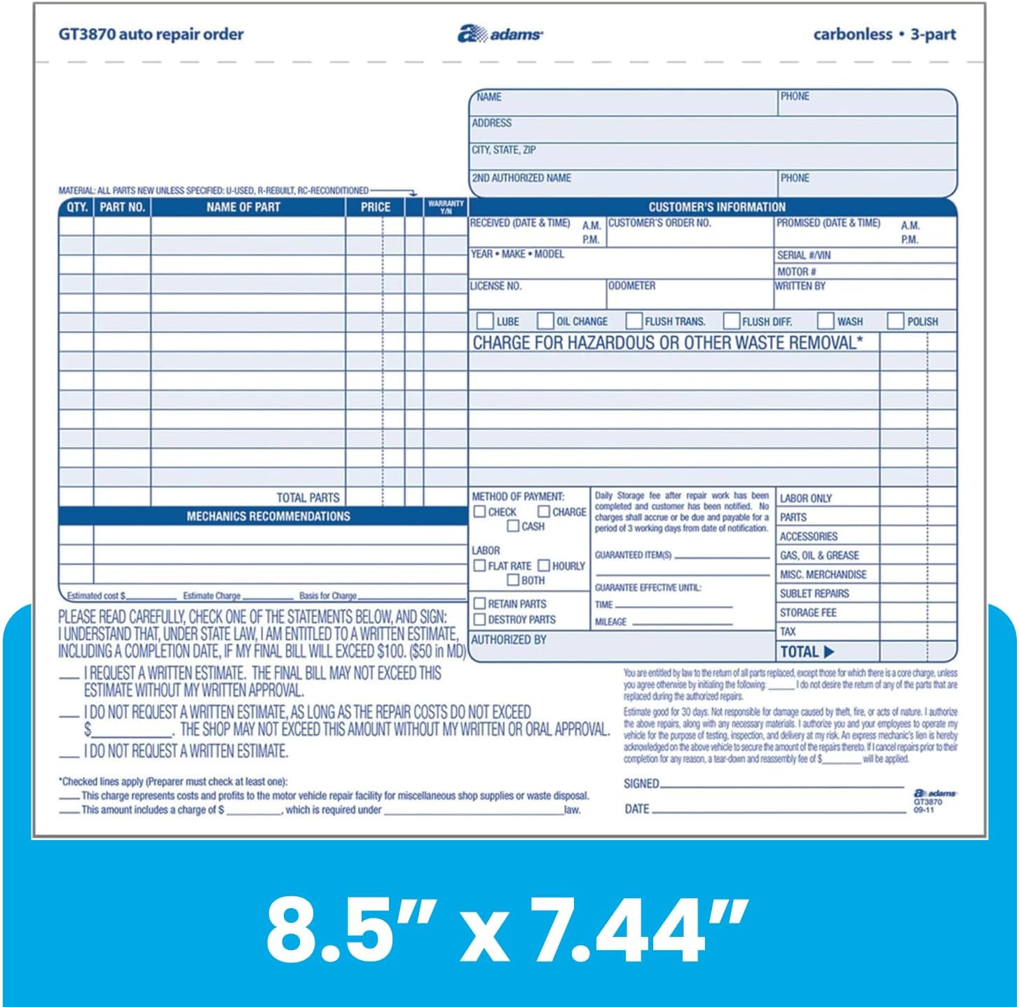 Adams Auto Repair Order Forms, 8.5 X 7.44 Inch, 3-Part, Carbonless, 50-Pack, Whi