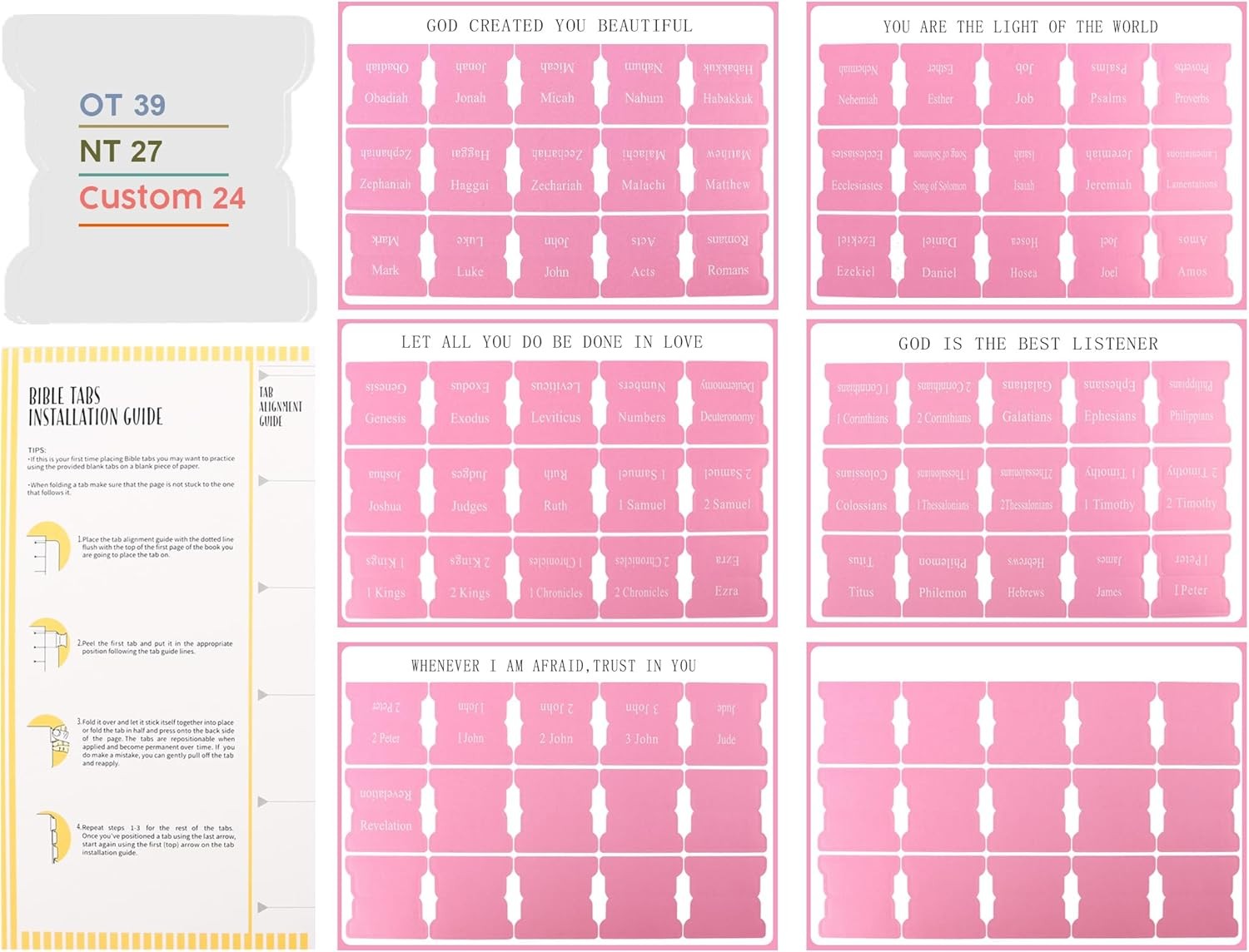 Pink Bible Tabs for Women’s Bible Study – Cute Pink Index Tabs for Bible Chapter