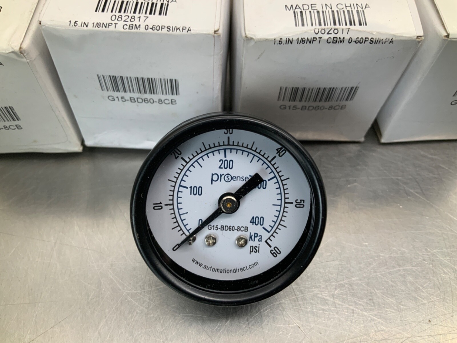 (4) Prosense G15-BD60-8CB mechanical pressure gauge, 1.5in diameter, 0 to 60 psi