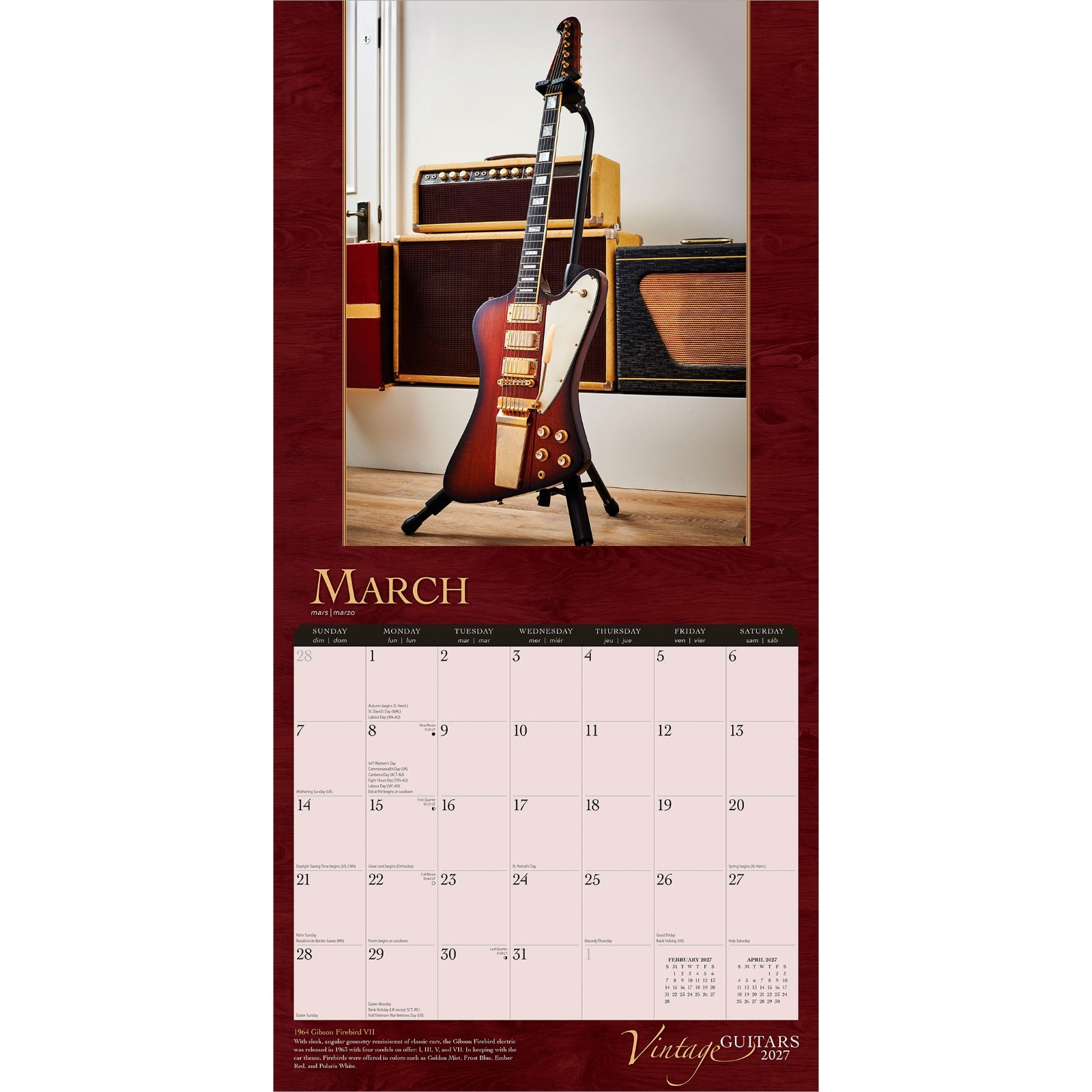 Vintage Guitars | 2027 12×24″ (Hanging) Wall Calendar | Foil Stamped Cover