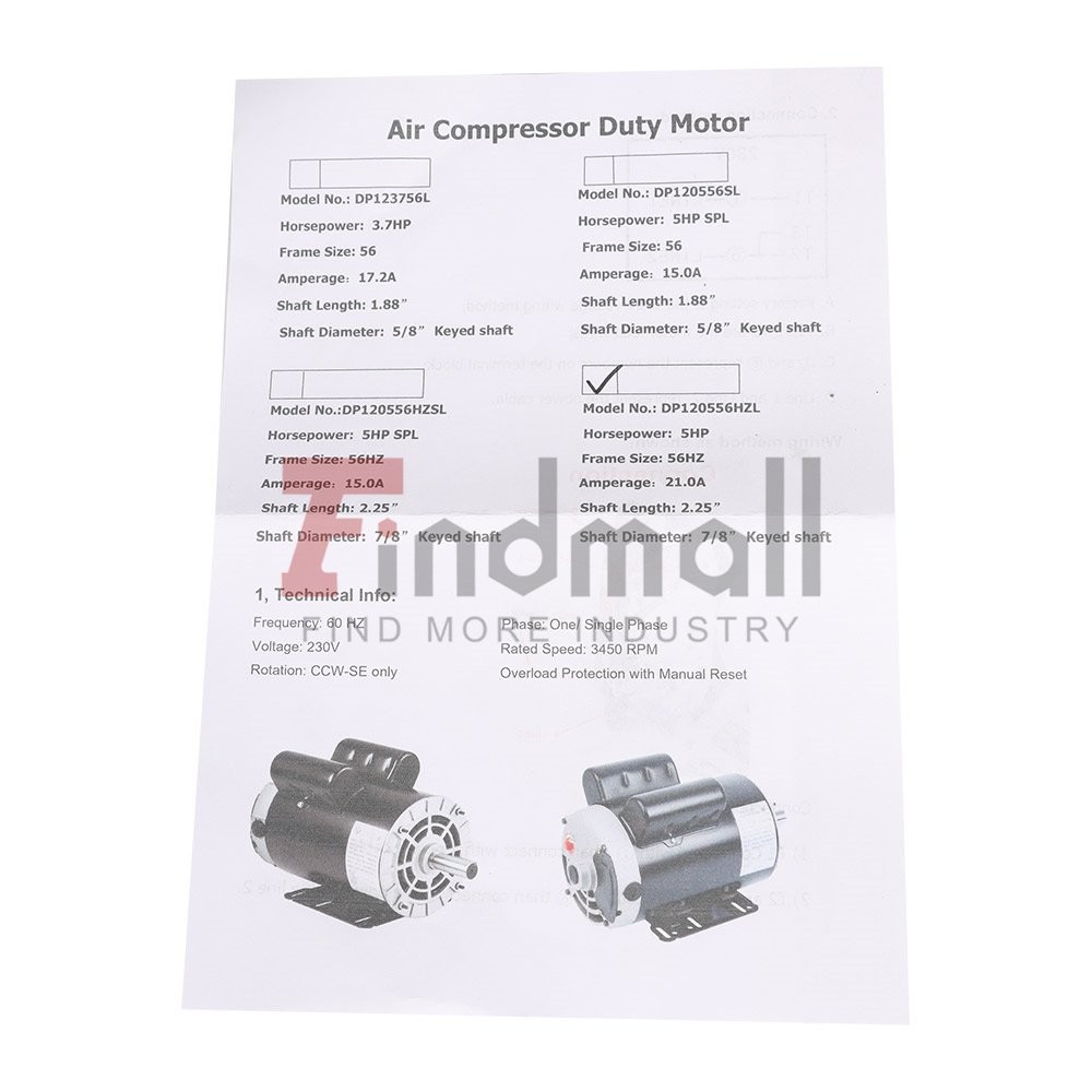 5HP Compressor Duty Electric Motor 1Phase 3450RPM 56HZ Frame 7/8″ Shaft 230V New