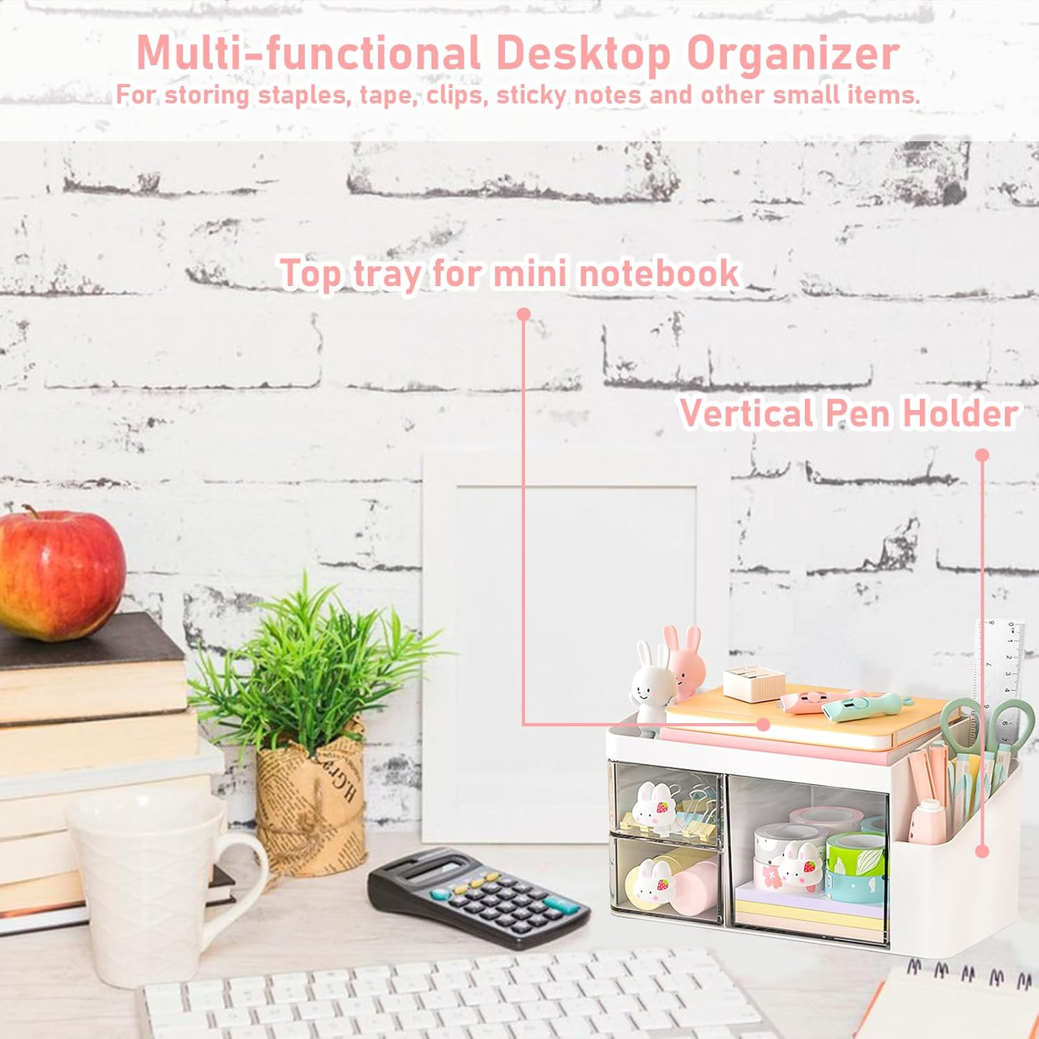 Desk Organizer with 3 Drawers and Pencil Pen Holder, Multi-Functional Desktop Ma