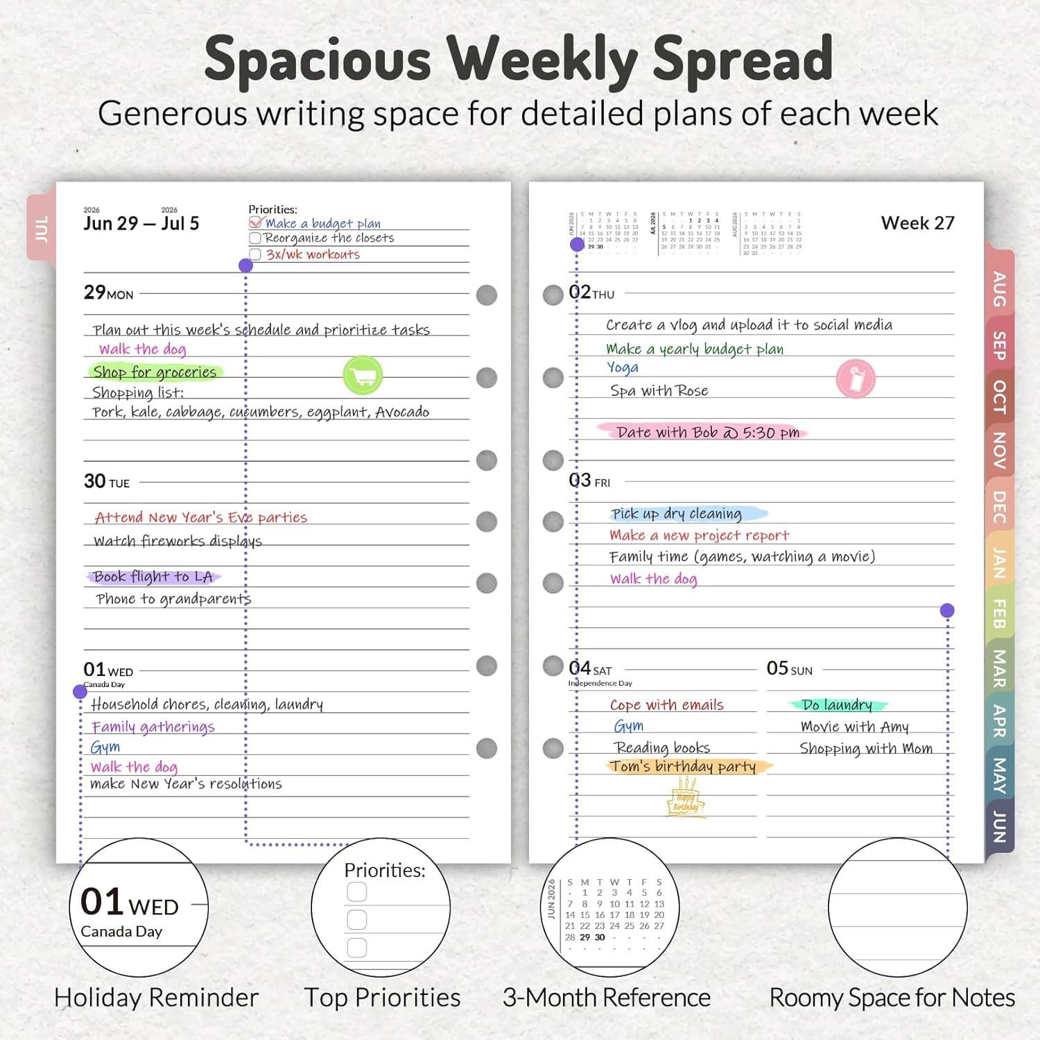 2026 Weekly & Monthly Planner Refills for A5 7-Ring Binders, July